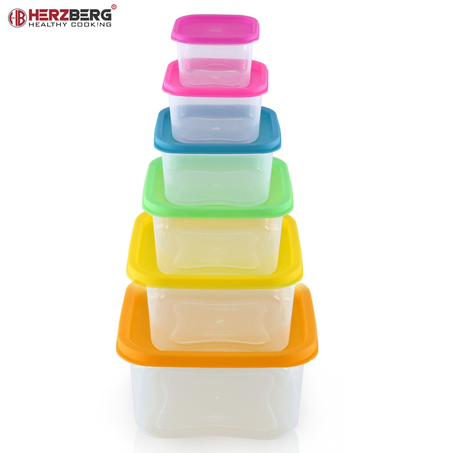 Cinco recipientes transparentes apilados. Tapas rosa, azul, verde, amarillo y naranja.