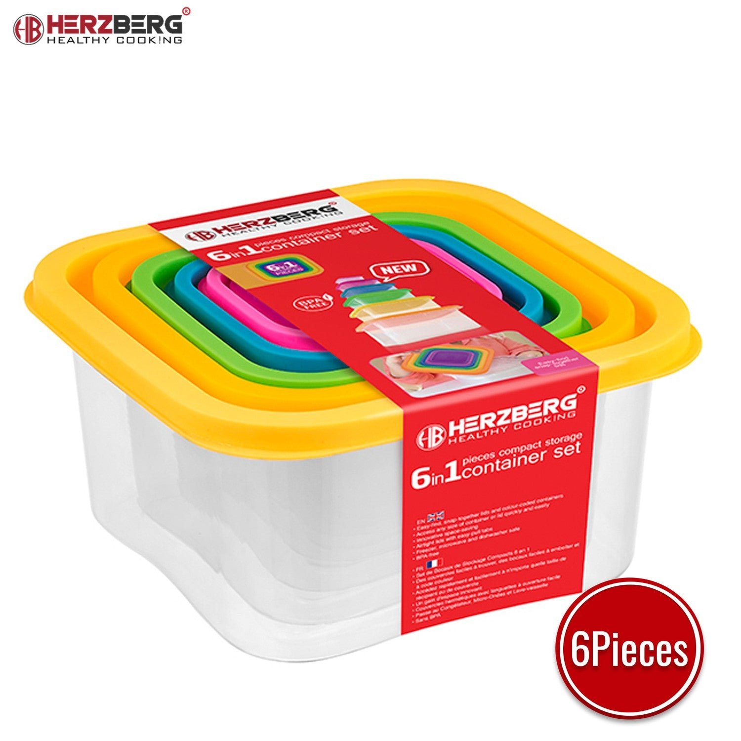 Un juego de 6 coloridos contenedores de plástico Herzberg para alimentos.