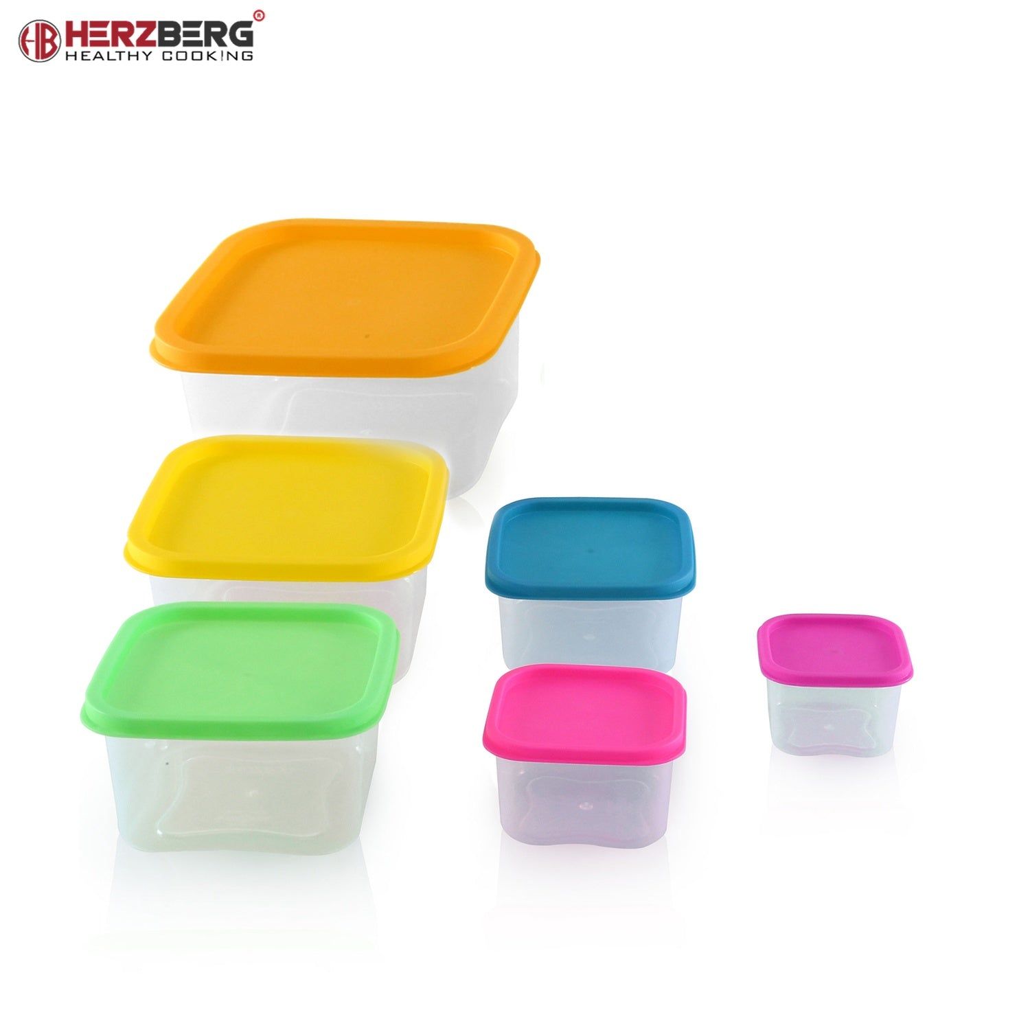 Seis recipientes transparentes con tapas de colores: naranja, amarillo, verde, azul, rosa.