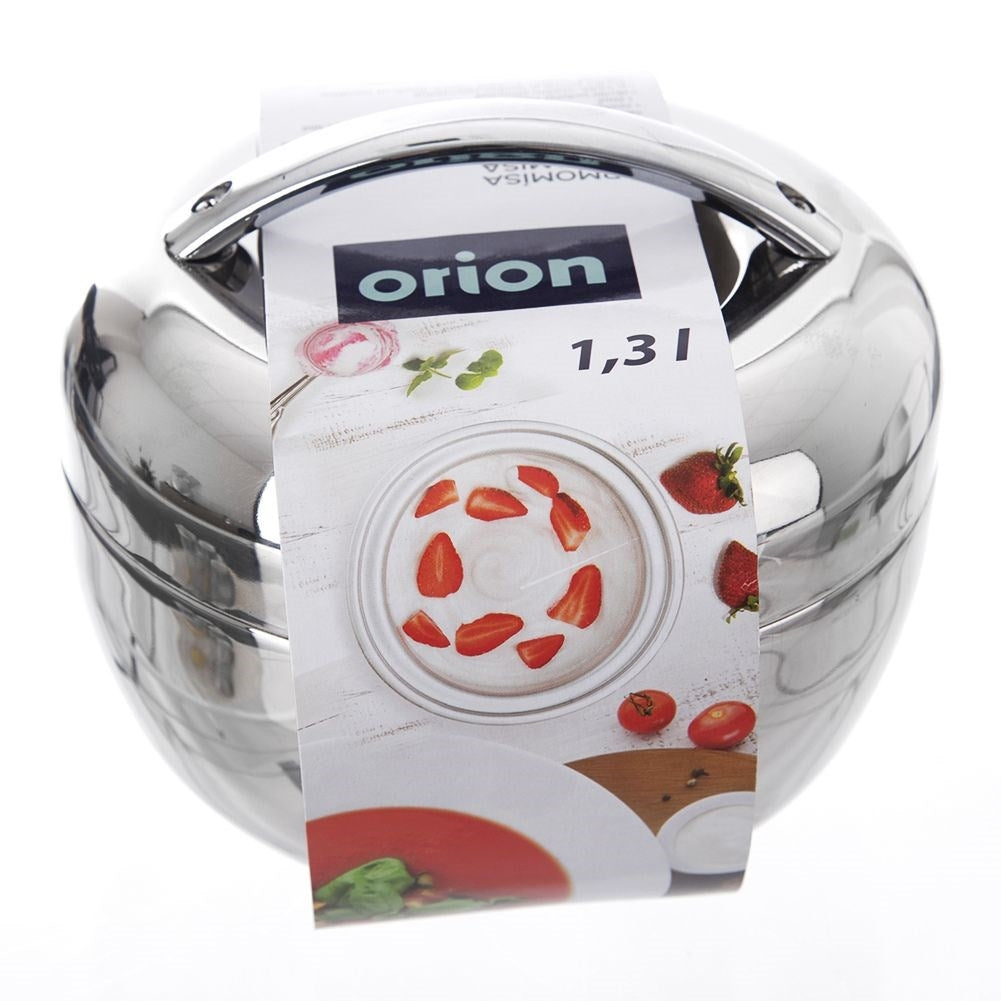 Un termo plateado con logo 'orion' y etiqueta '1,3 l'.