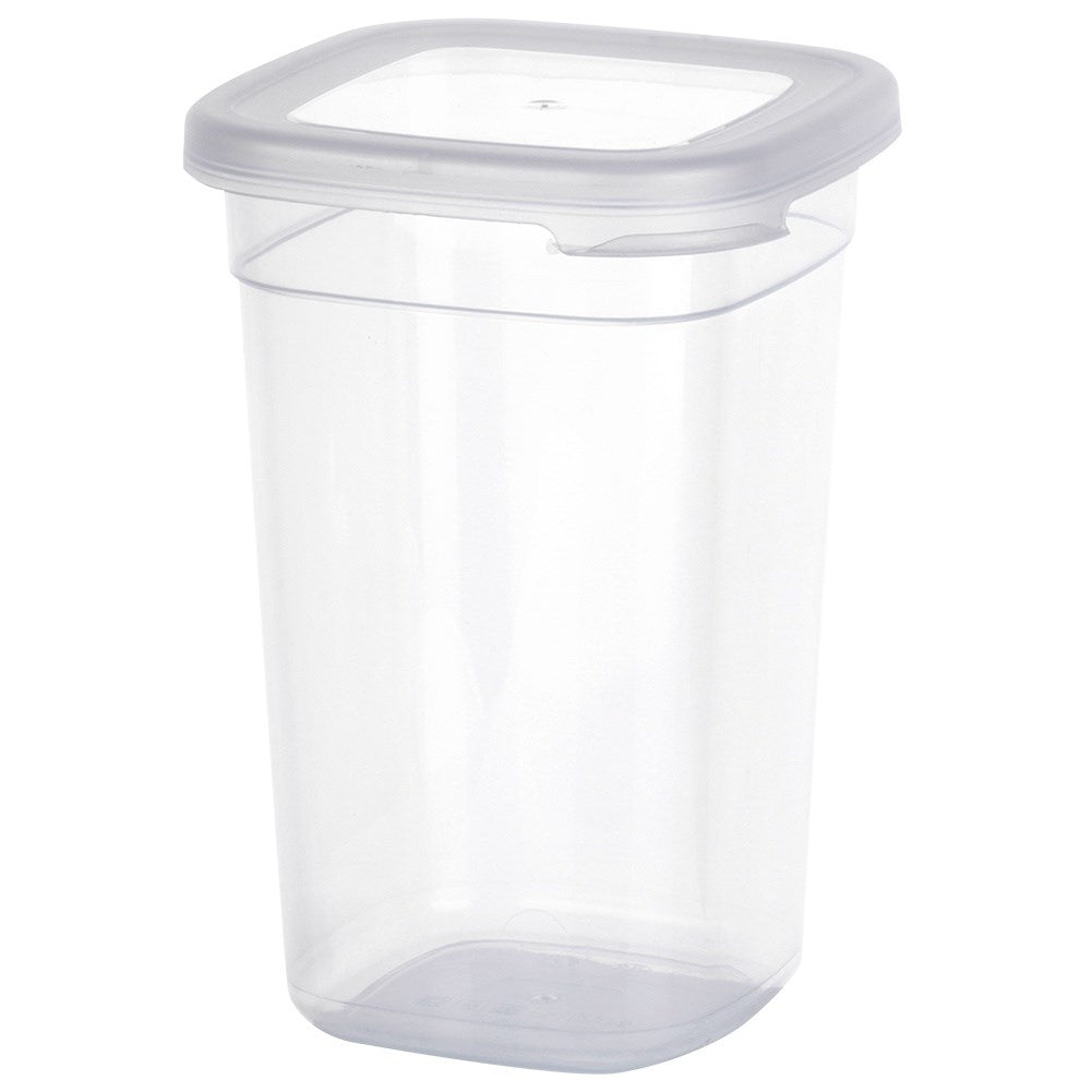 Un recipiente rectangular de plástico transparente con tapa.