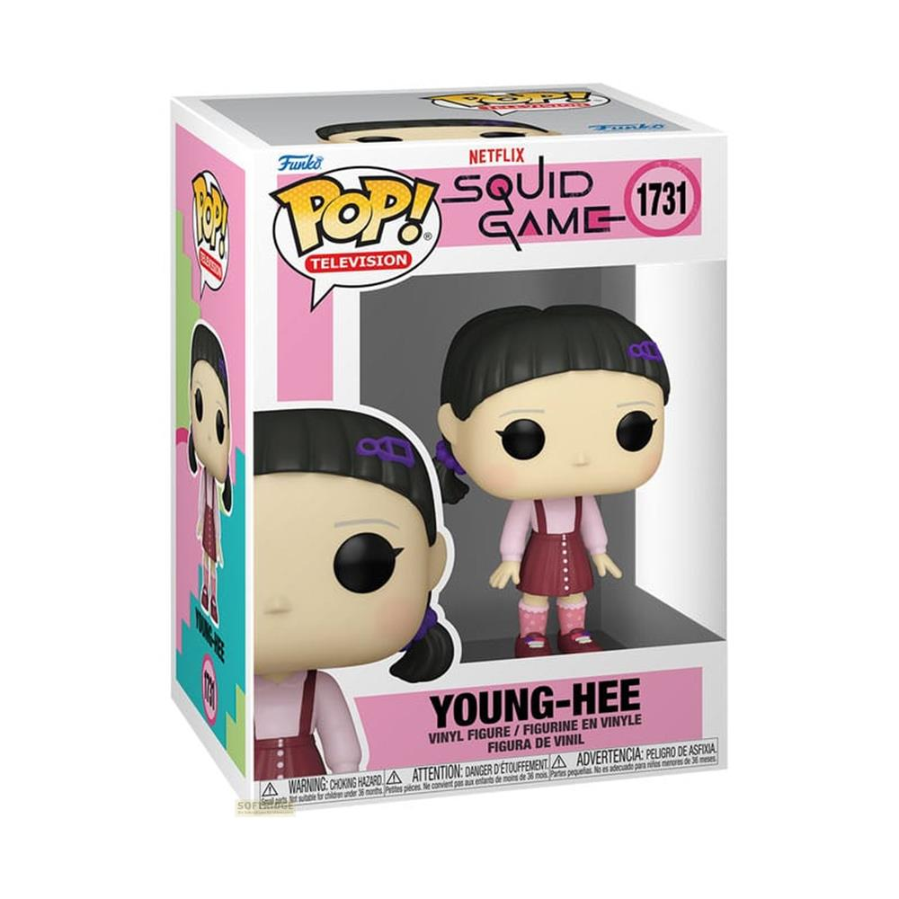 Funko Pop! Vinyl Figur von Young-Hee aus Squid Game in einer rosa-weißen Box.