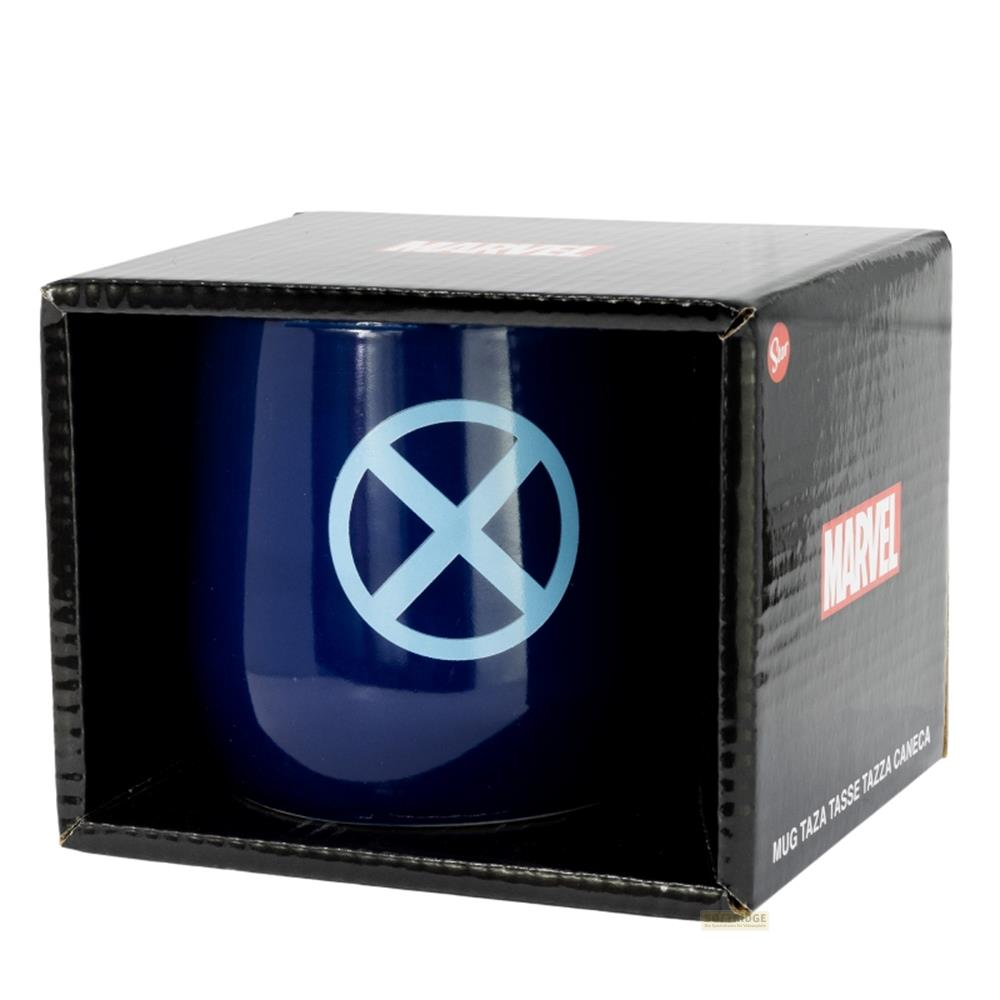 Taza azul oscuro Marvel X-Men con logo dentro de su caja.