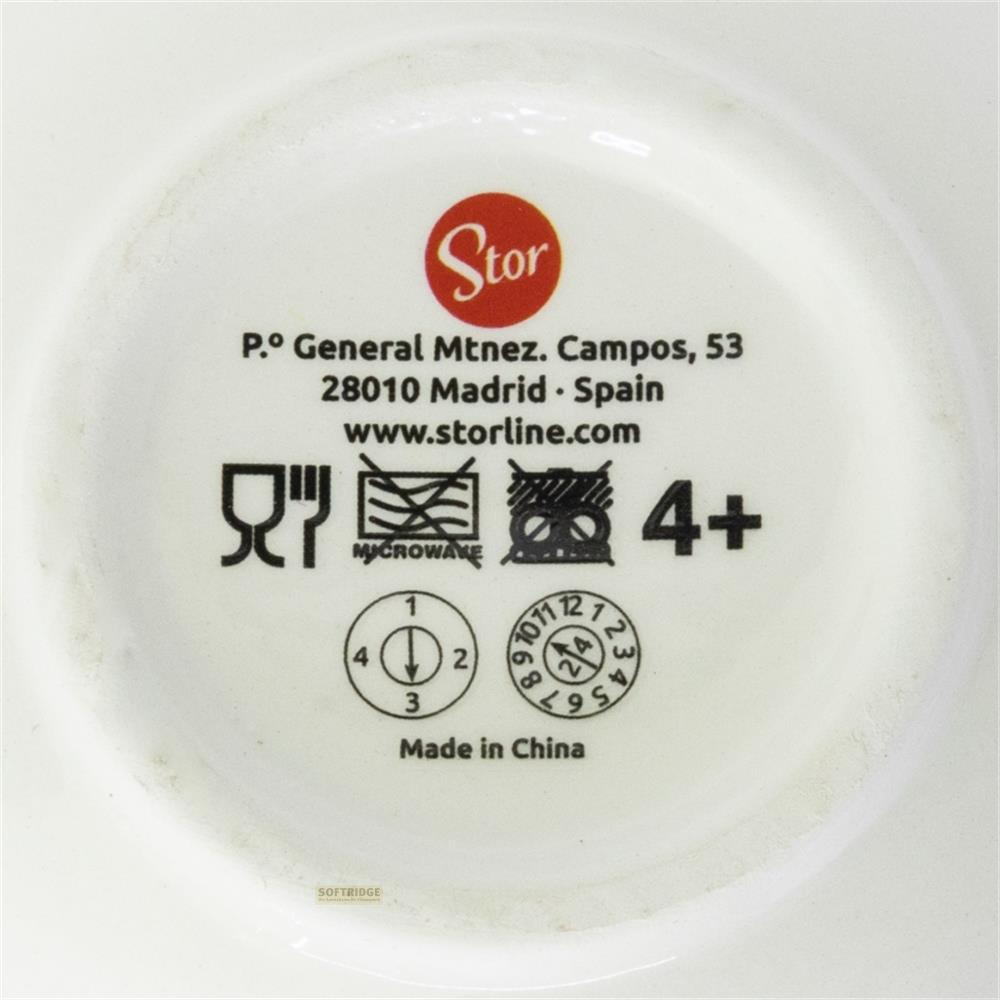 Logo Stor, dirección, sitio web y símbolos para microondas, 4+ años, lavavajillas y Made in China.