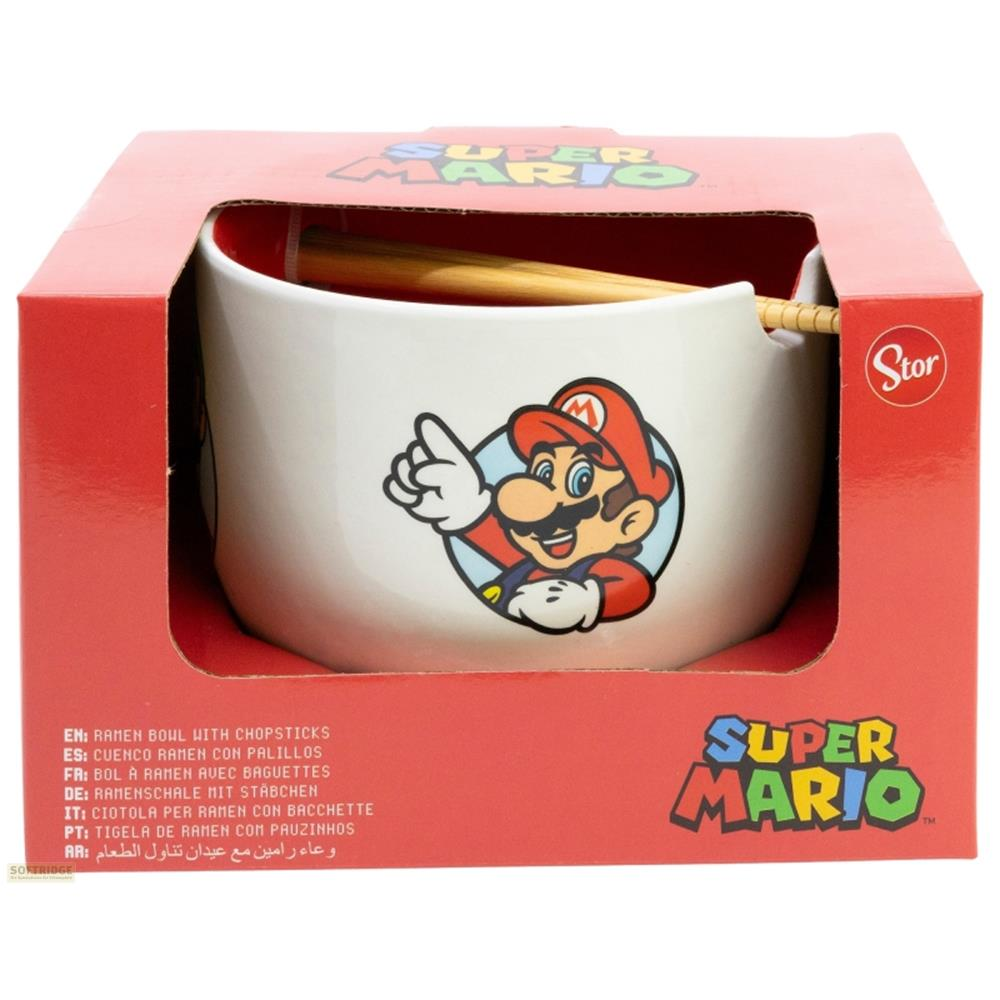 Bol de ramen Super Mario con palillos. Incluye gráfico de Mario en bol blanco.