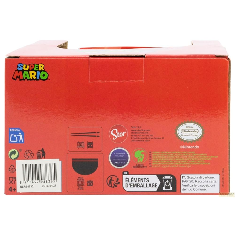 Caja de Super Mario con logo de Nintendo, logo de Stor, símbolos de reciclaje y texto.