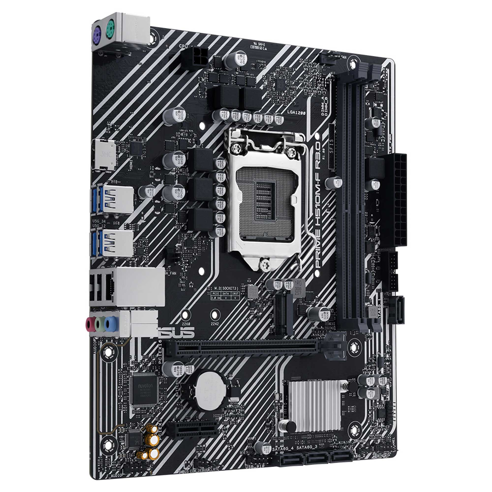 Üç çeyrek açıdan görülen siyah ASUS PRIME H510M-F R3.0 anakart.