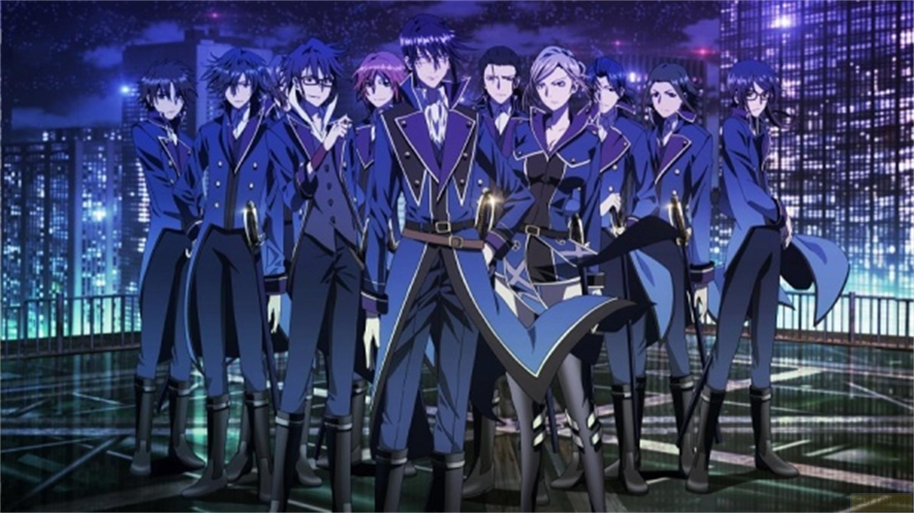 Neuf hommes en uniformes bleus se tiennent devant un paysage urbain nocturne.