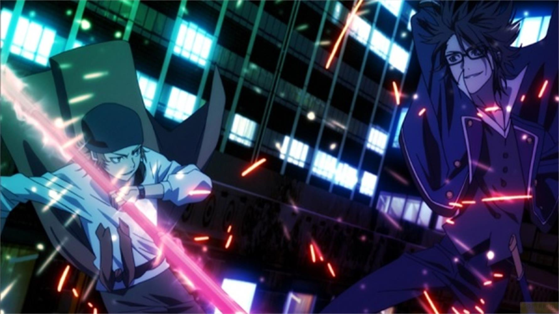 Deux personnages d'anime dans un paysage urbain nocturne avec lumières et éclairs d'énergie.