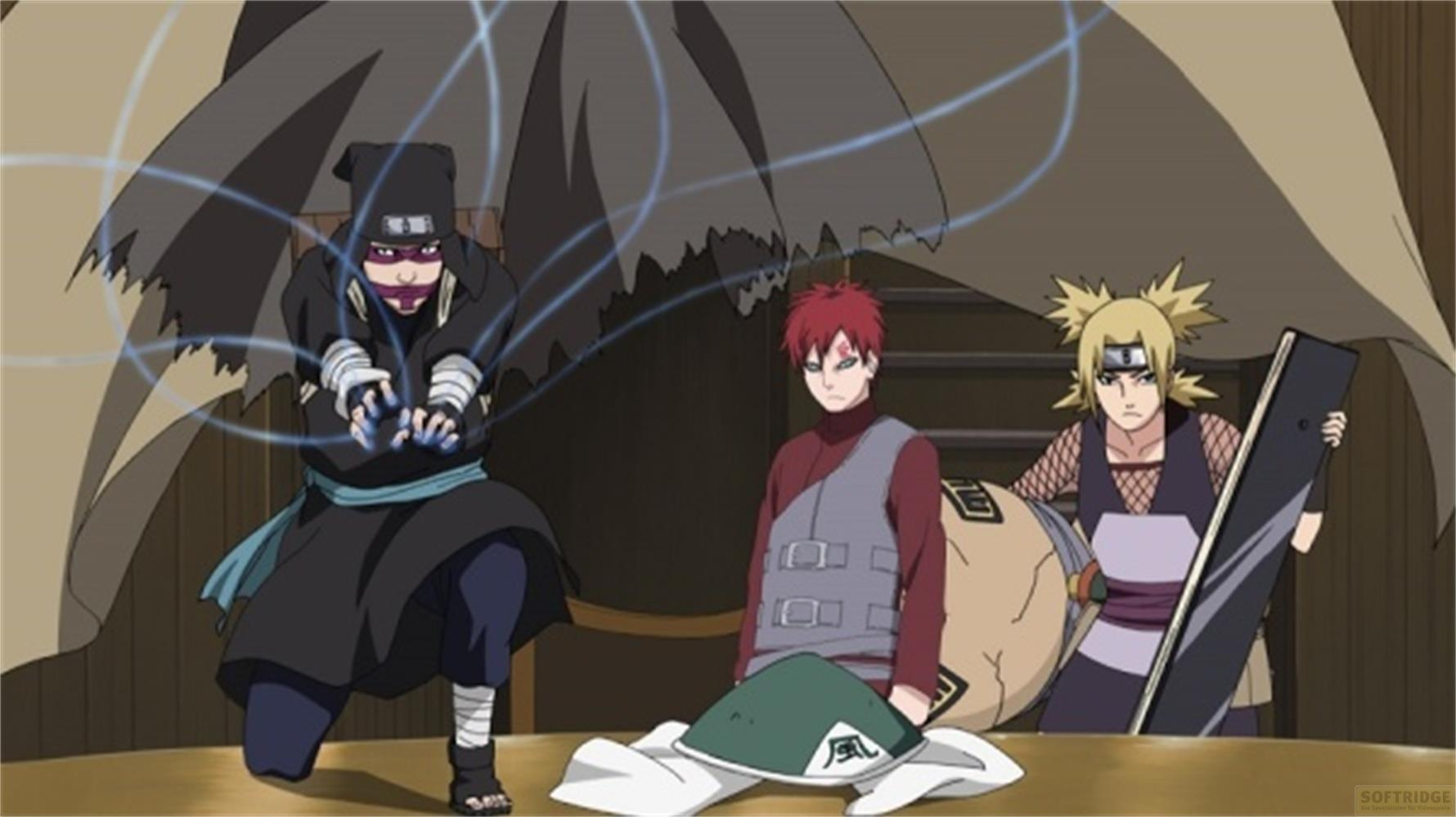 Trois personnages d'anime. L'un en manteau noir et masque rassemble de l'énergie bleue, Gaara et Temari près.