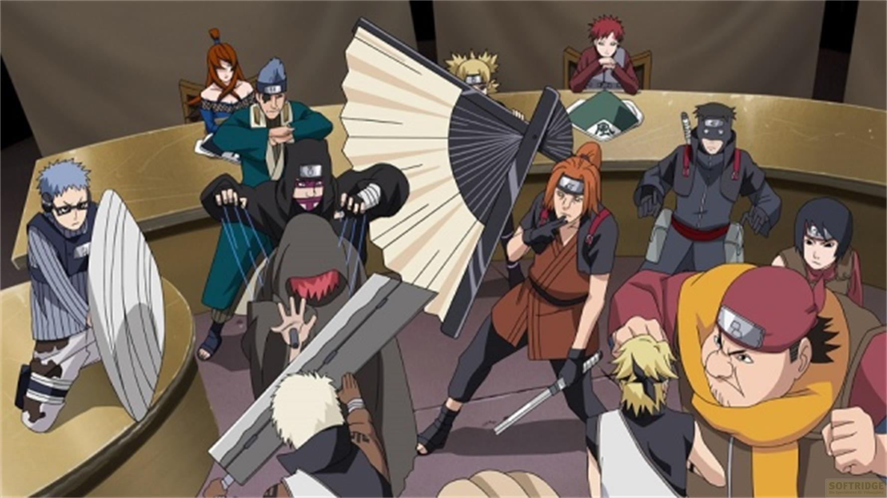 Plusieurs personnages d'anime en tenue se tiennent dans une pièce.