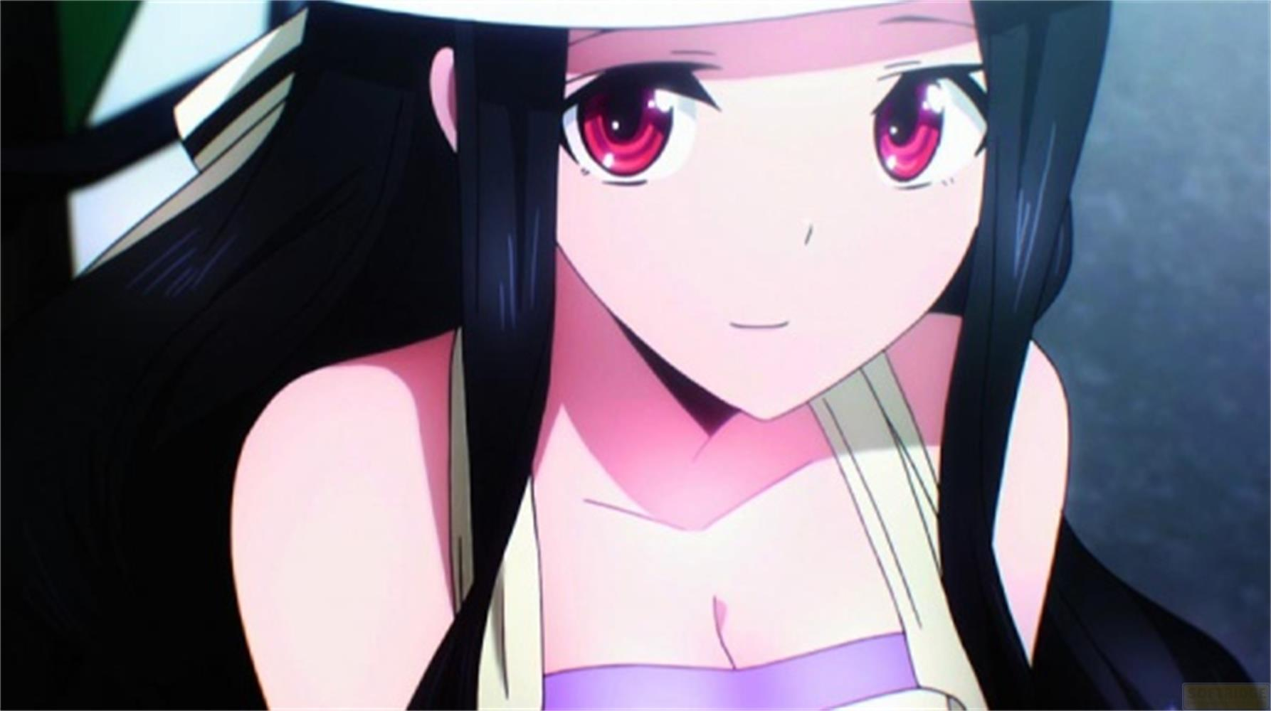Fille d'anime aux longs cheveux noirs, yeux rouges et chapeau blanc.