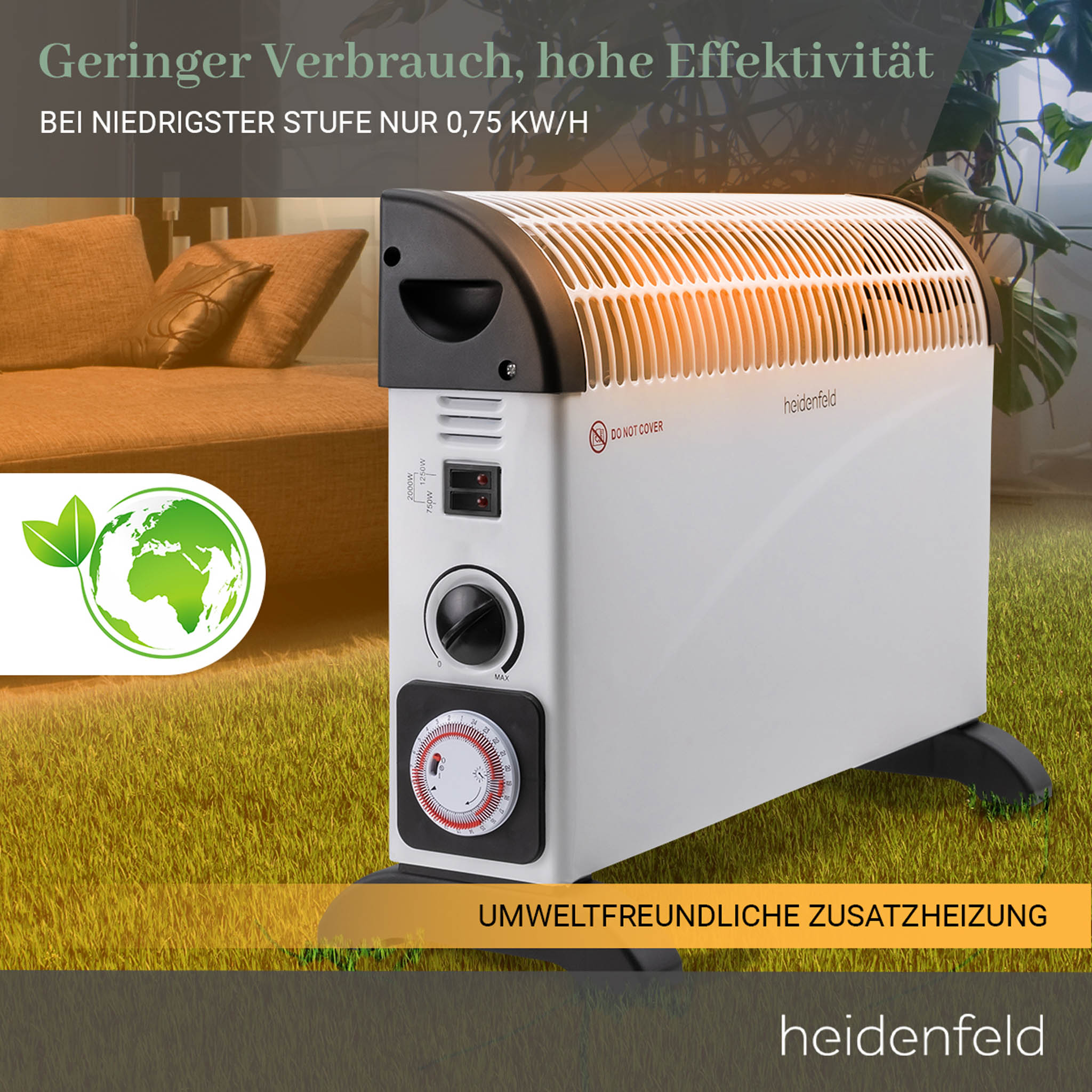Ein weißer Heizkörper mit Bedienelementen steht auf grünem Gras.