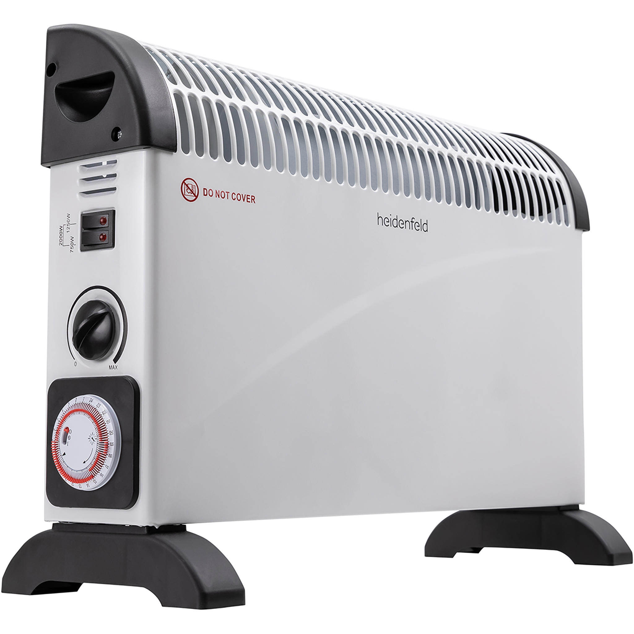Ein weißer Ölradiator mit schwarzen Bedienelementen und Füßen.
