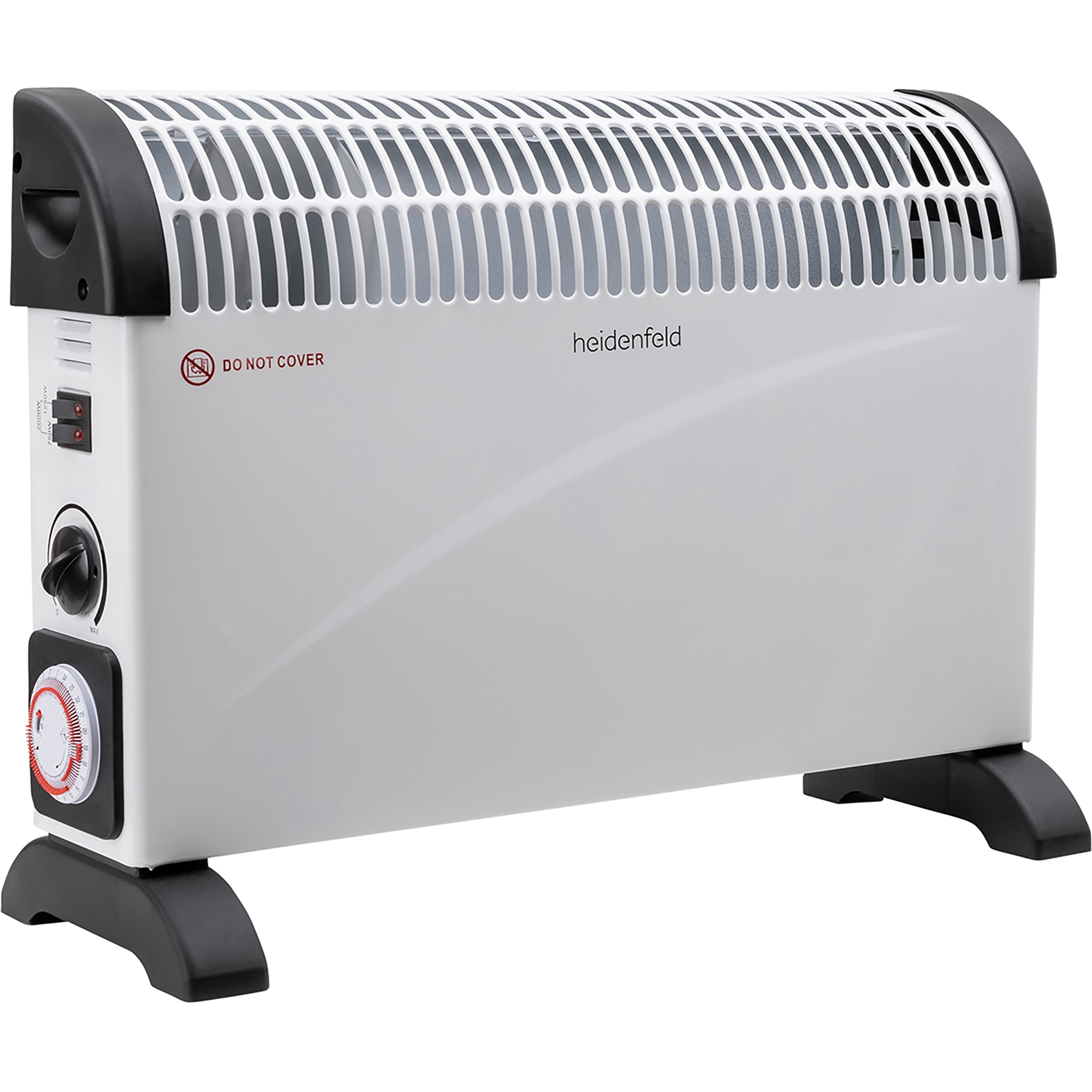 Ein weißer Radiator mit schwarzem Bedienelement und Timer.