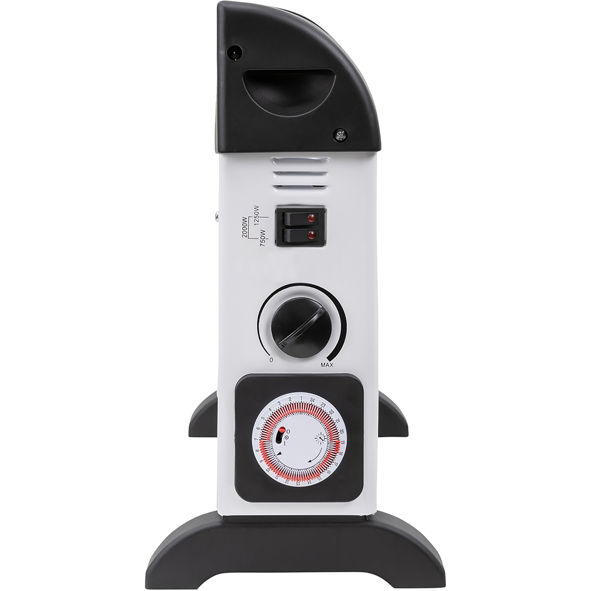 Ein weißer Heizkörper mit schwarzen Bedienelementen und einem Timer.