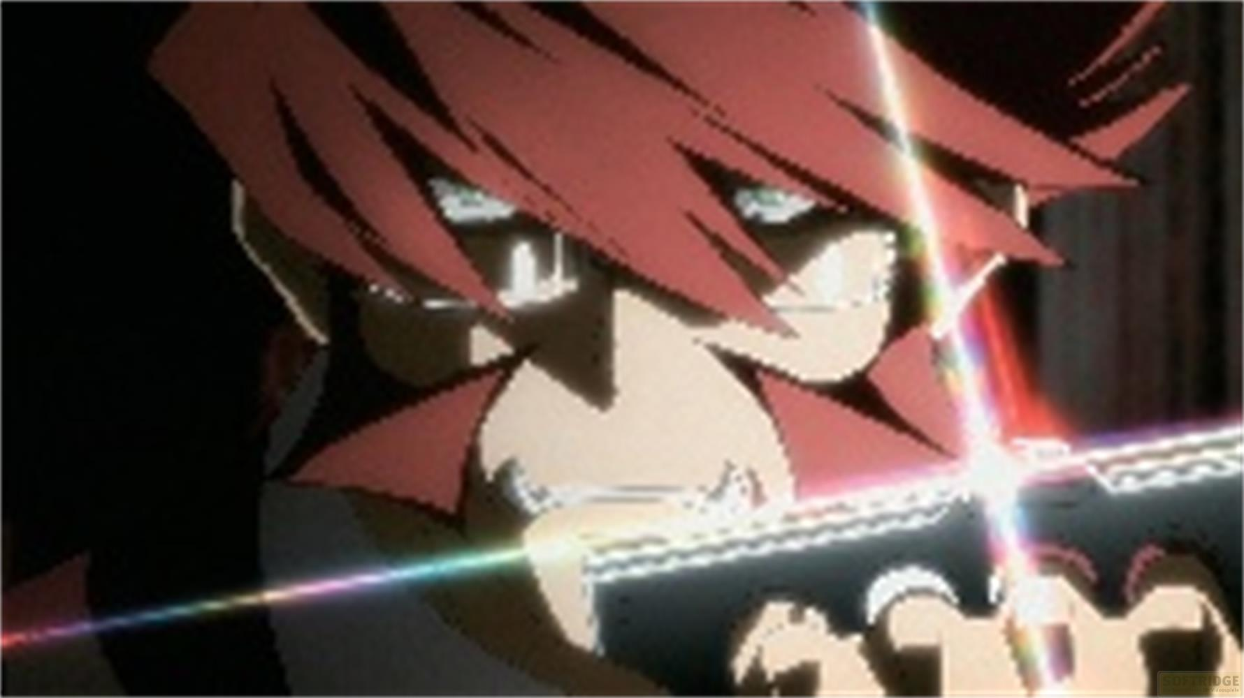 Personaggio anime con capelli rossi tiene un oggetto luminoso.