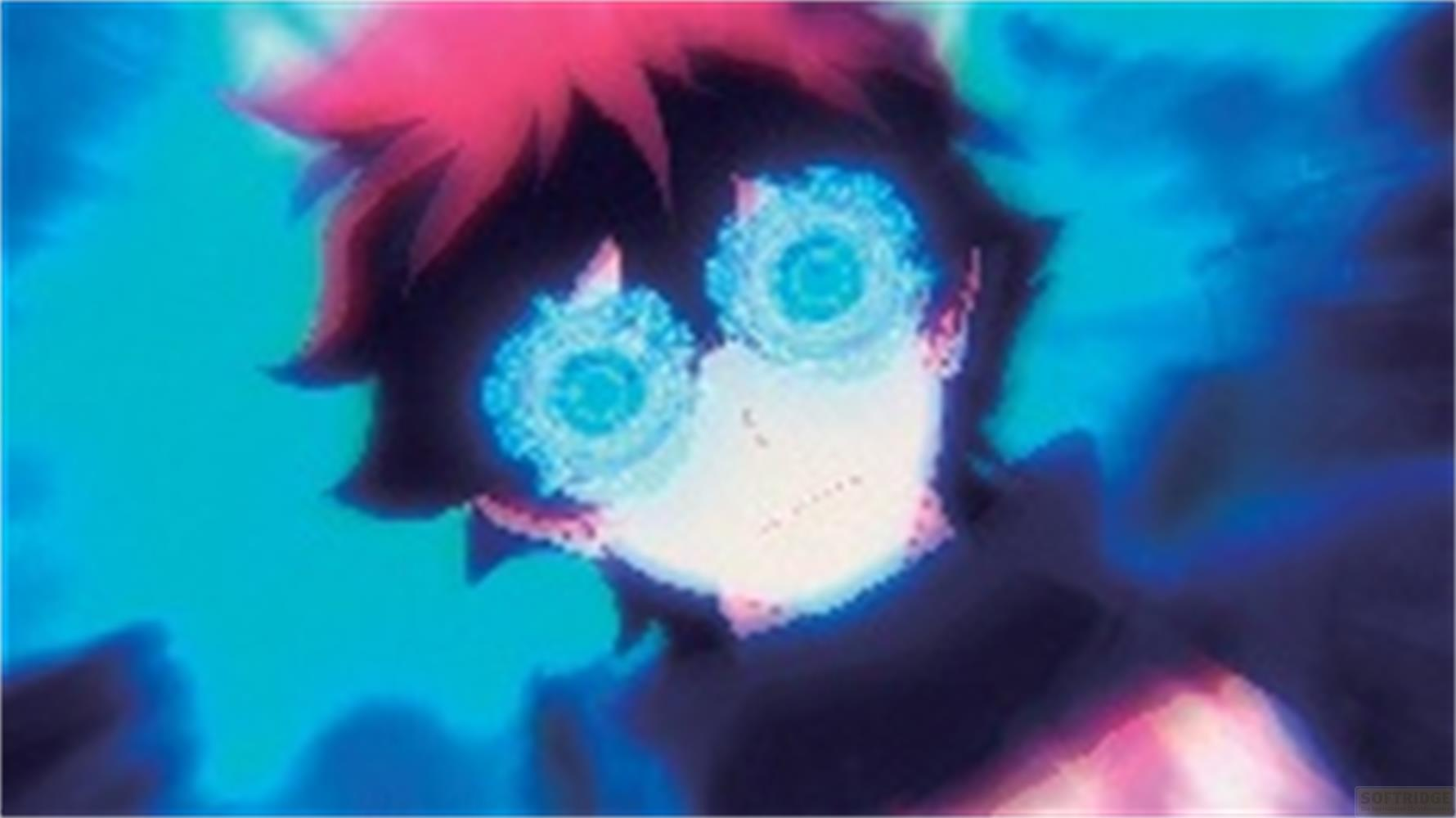 Personaggio anime con occhi blu luminosi e capelli rossi su sfondo blu.