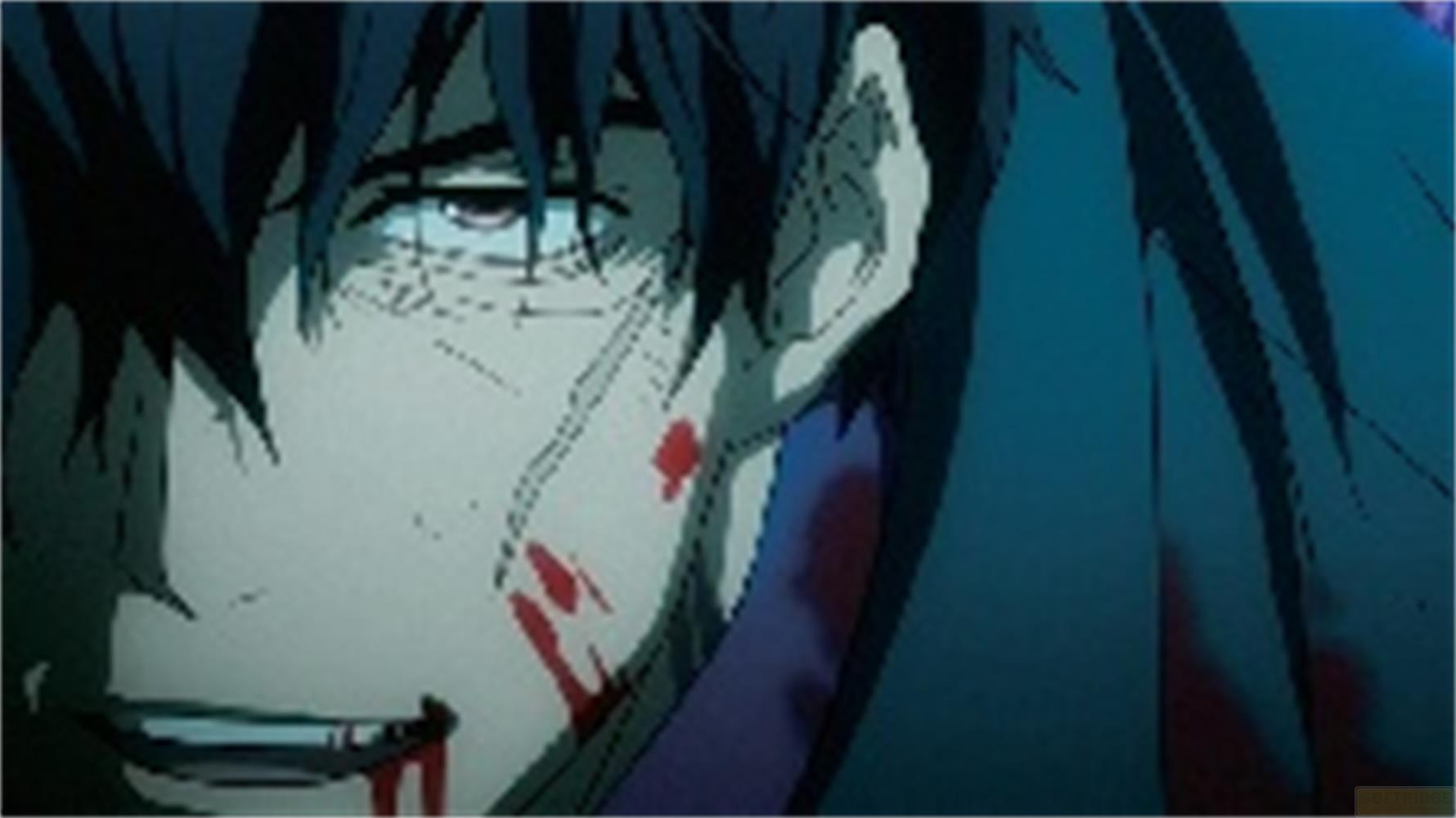 Personaggio anime con capelli scuri, occhi blu e ferite sanguinanti sul viso.