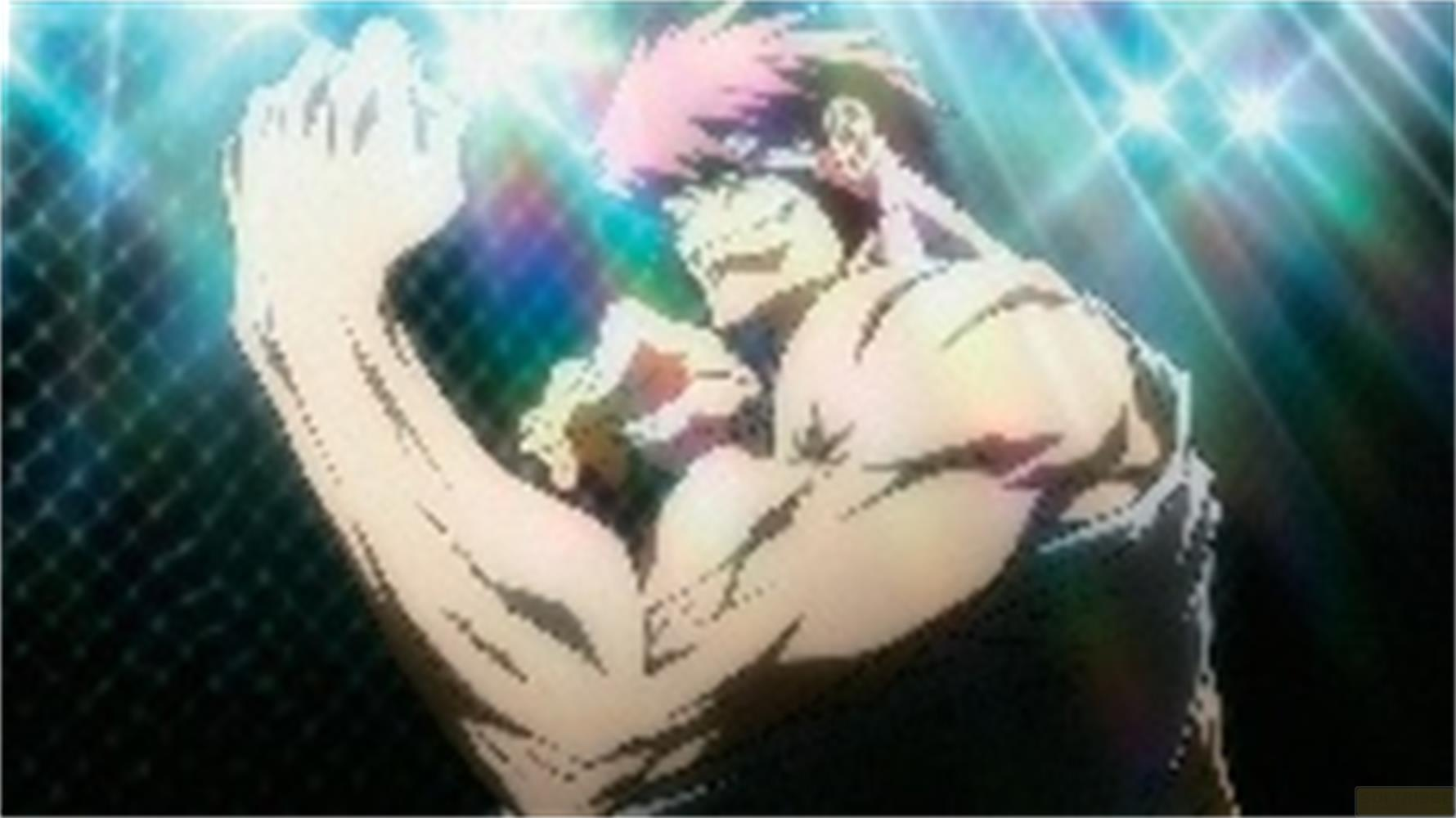Un uomo con capelli rosa e un ampio sorriso su un ring, illuminato da faretti.