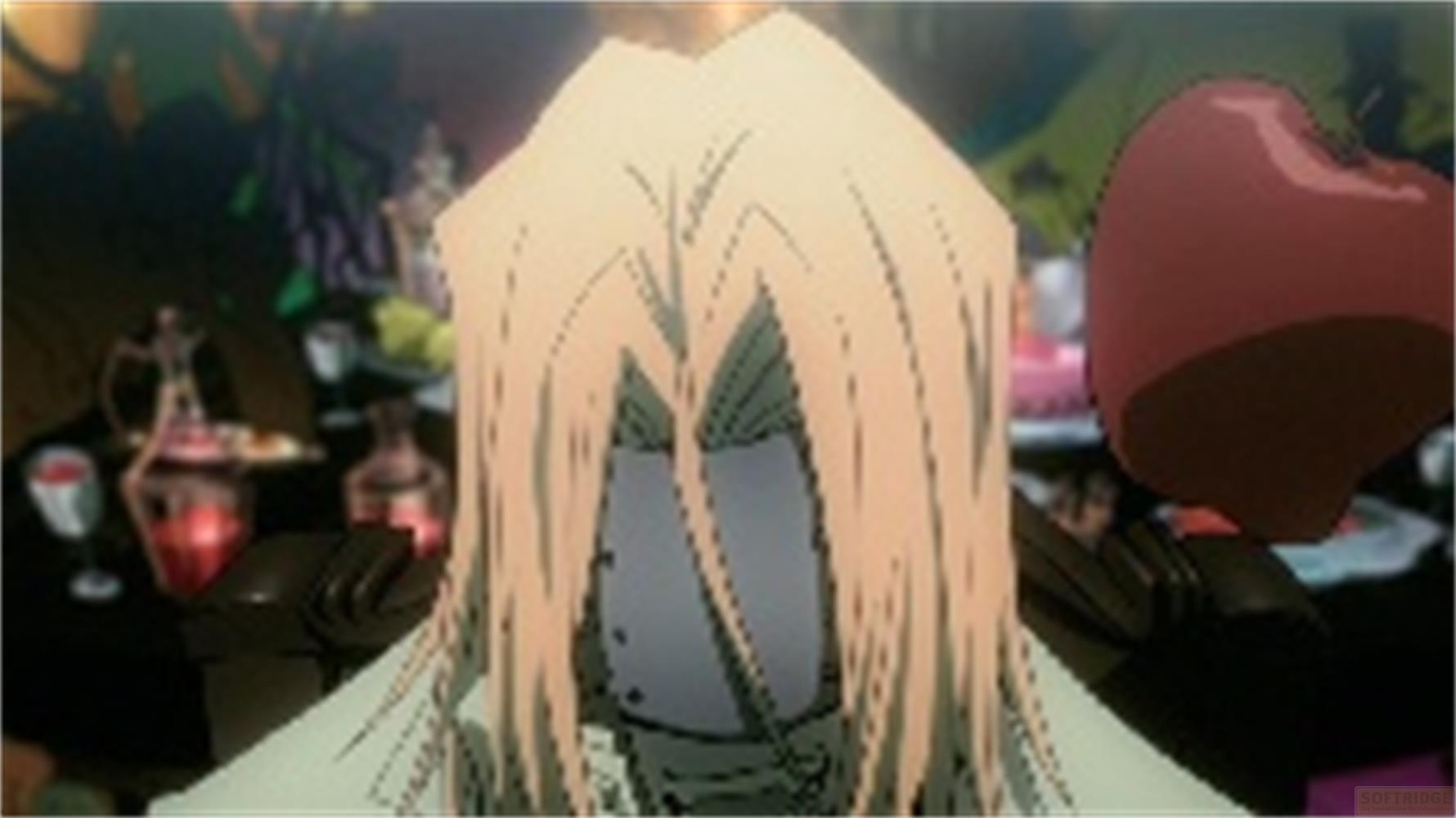 Scena anime con un personaggio dai lunghi capelli biondi, un palloncino a forma di cuore rosso e un tavolo con bevande sullo sfondo.