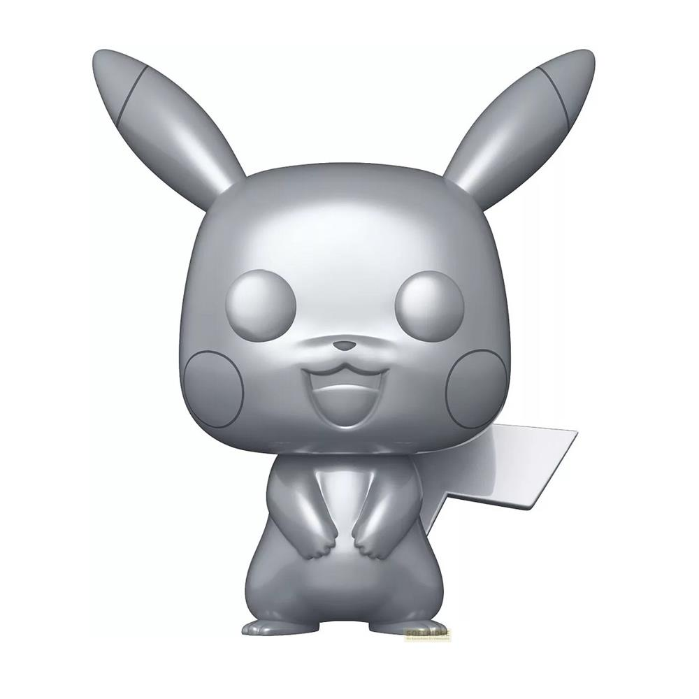 Silberne Pikachu-Figur mit langen Ohren und einem breiten Grinsen.