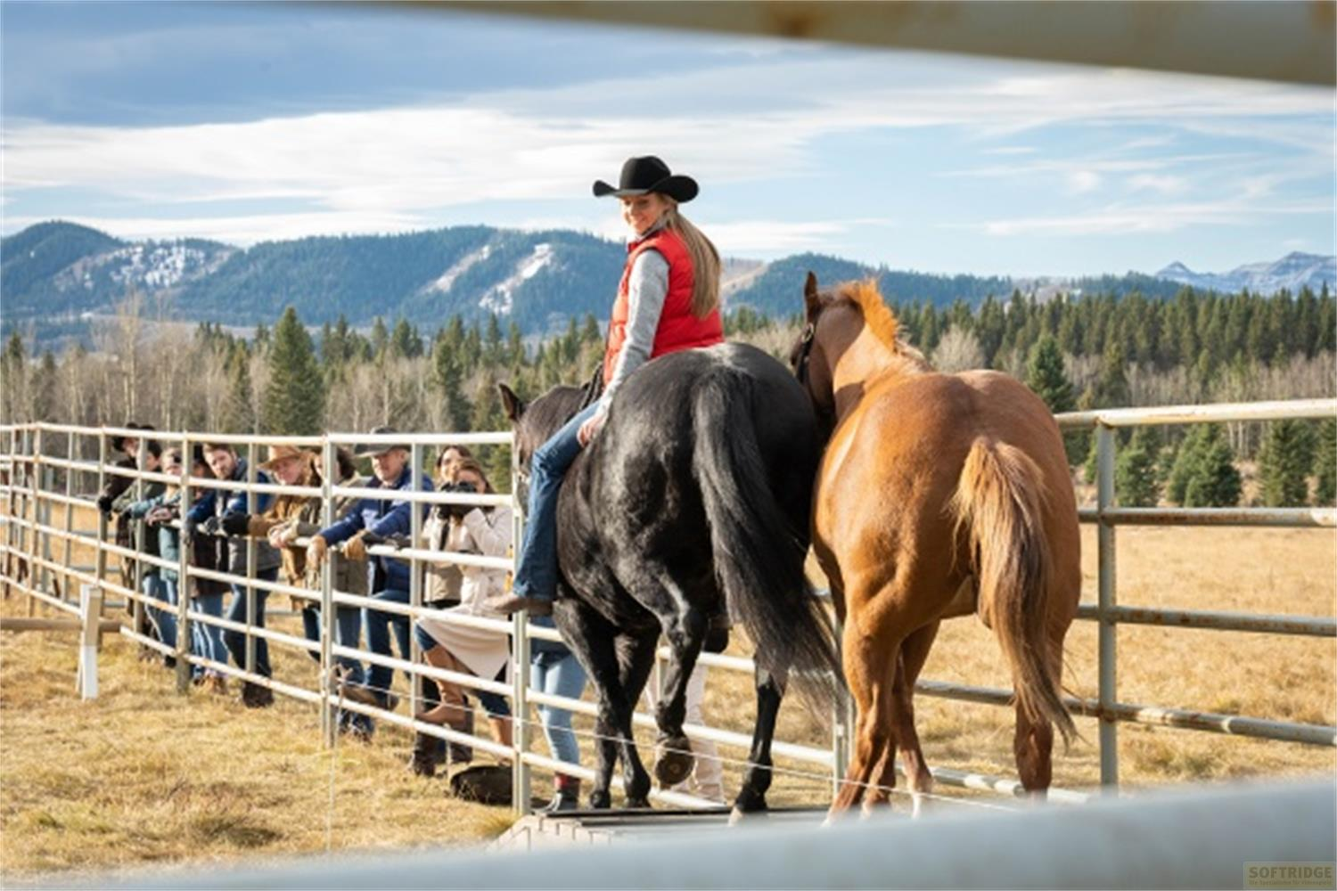 Una donna con gilet rosso cavalca un cavallo nero. Diverse persone sono dietro una recinzione.