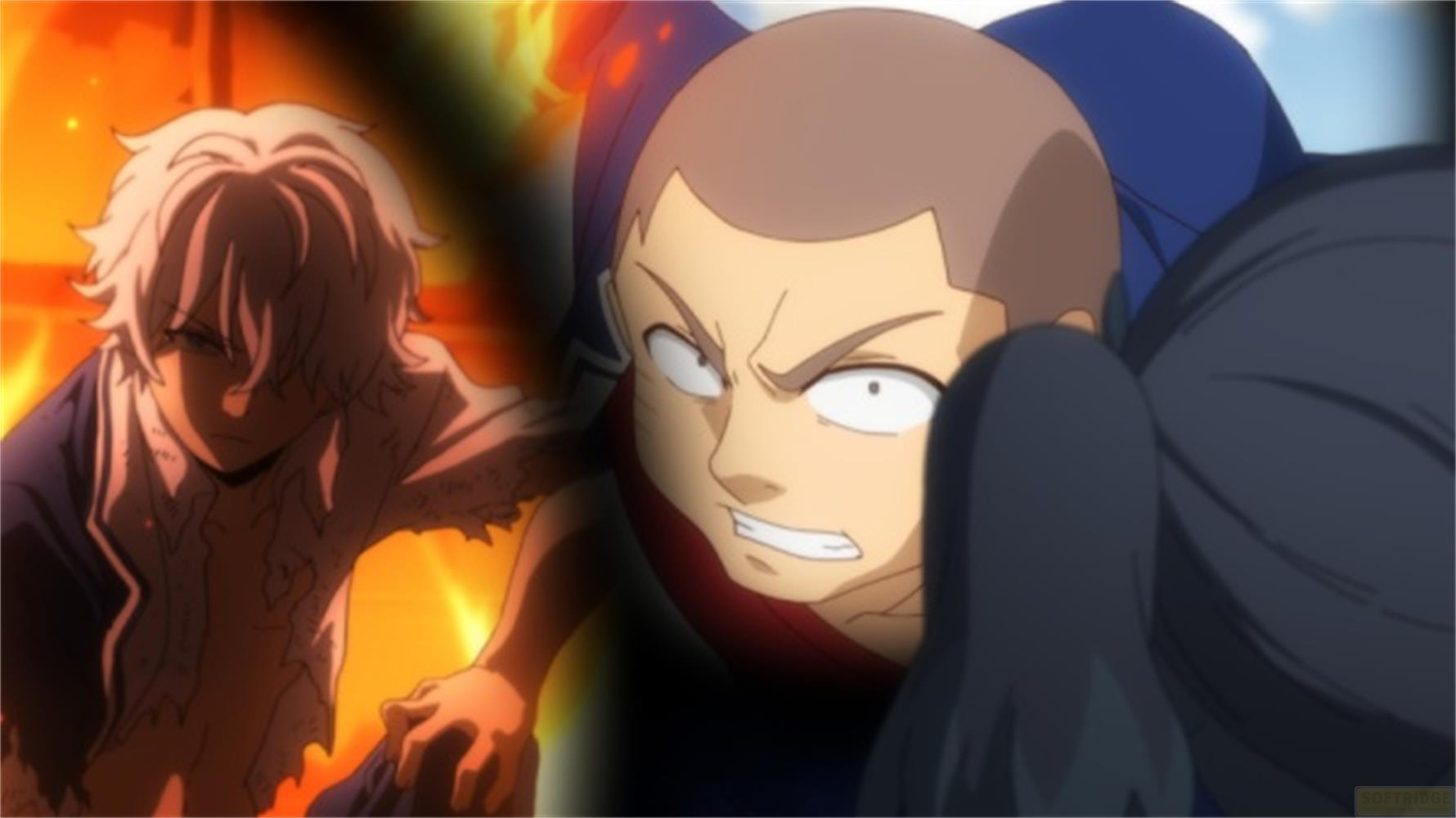 Due personaggi anime: uno con capelli bianchi nel fuoco, l'altro calvo con espressione arrabbiata.