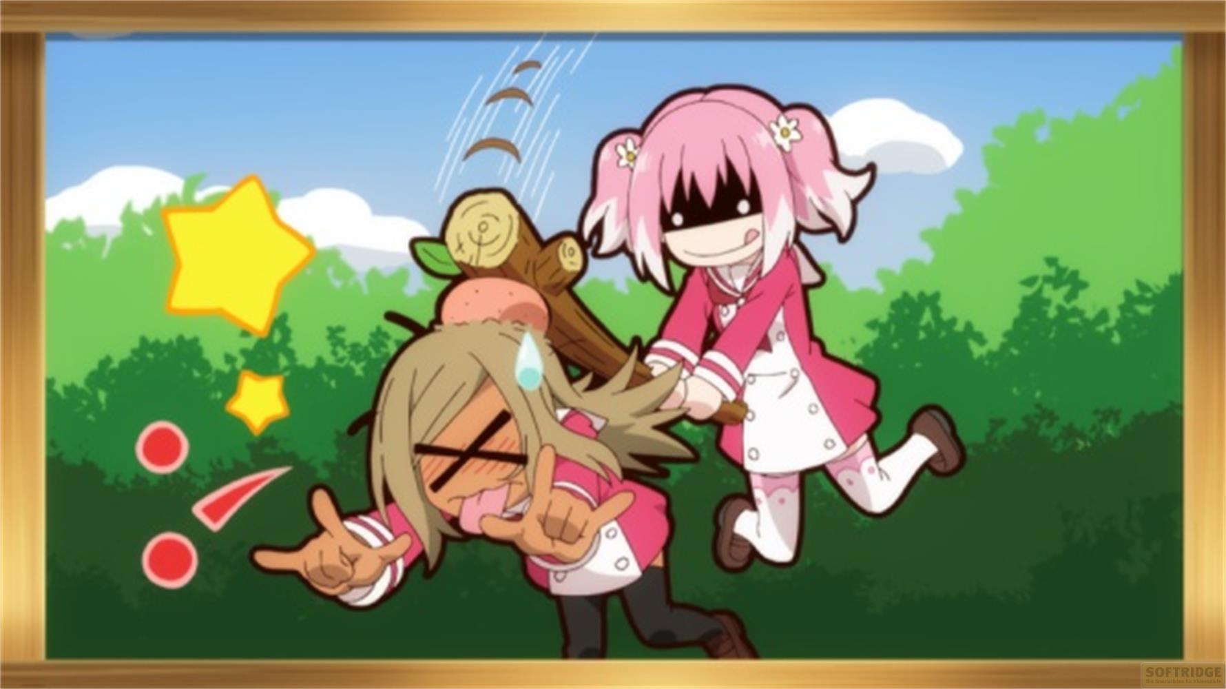 Due ragazze anime in uniforme rosa combattono con un tronco.