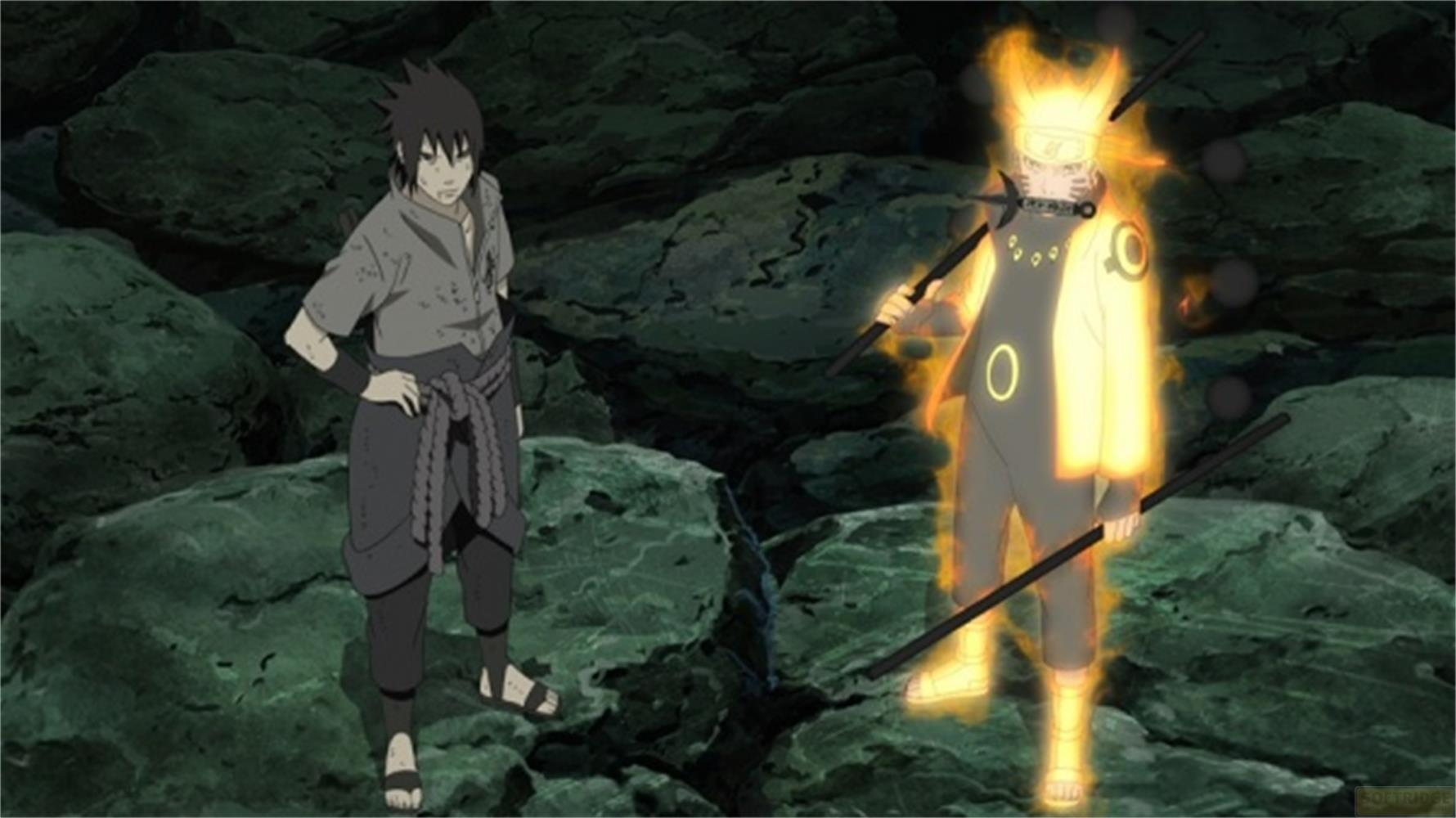 Sasuke e Naruto sono su un terreno roccioso. Naruto brilla di giallo con sfere nere.