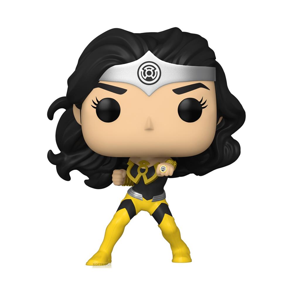 Statua pop di donna con capelli neri, fascia bianca e costume giallo e nero.