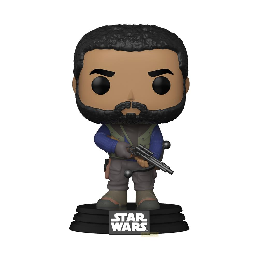 Funko Pop di Finn di Star Wars con blaster su base nera.