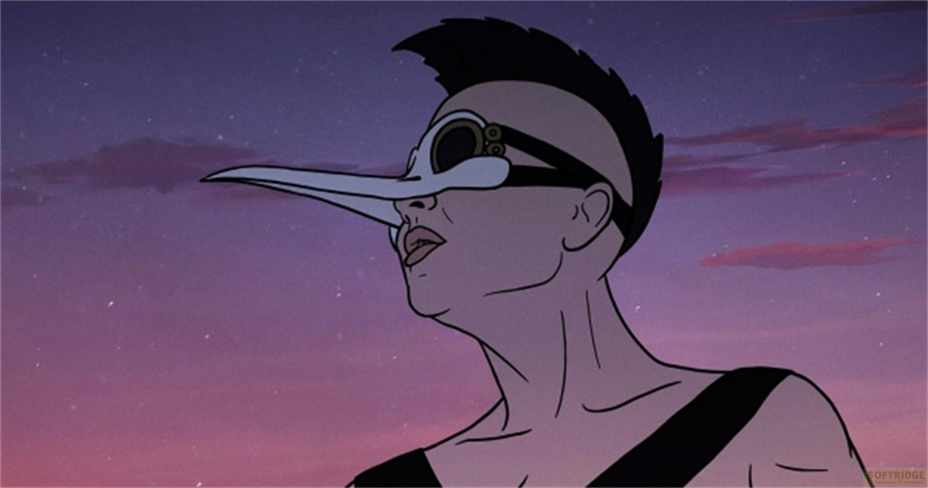 Un uomo con una maschera da uccello guarda il cielo notturno viola con nuvole.