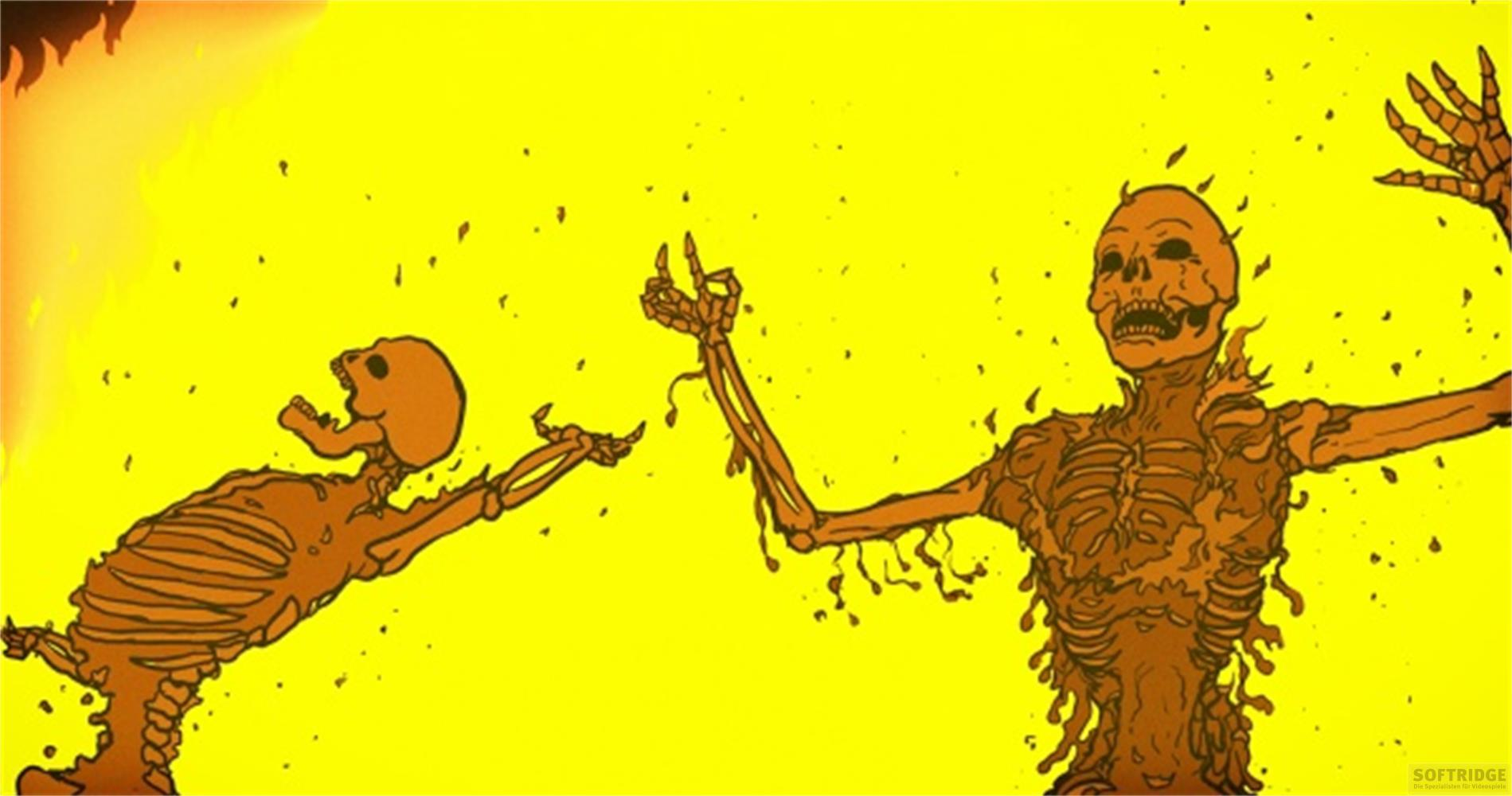 Due scheletri avvolti dalle fiamme su sfondo giallo.