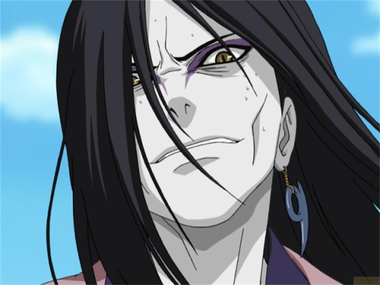 Un personnage d'anime aux longs cheveux noirs, peau pâle et yeux jaunes.