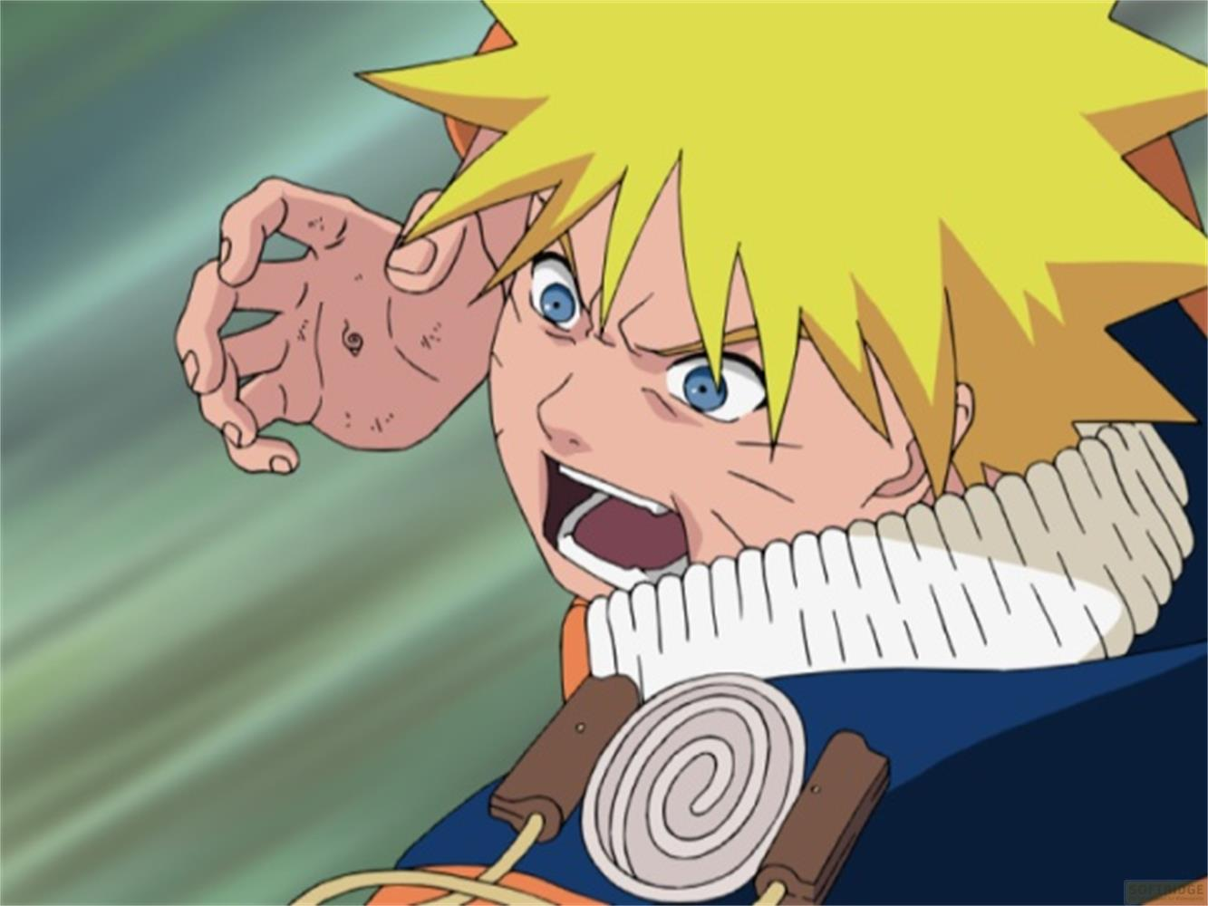 Naruto Uzumaki aux cheveux blonds et aux yeux bleus crie, tendant sa main gauche.