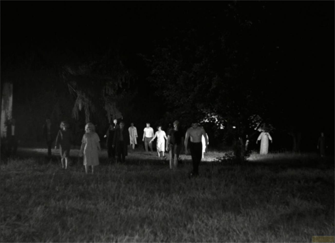 Un gruppo di persone, alcune in vesti bianche, cammina in un campo erboso buio di notte.