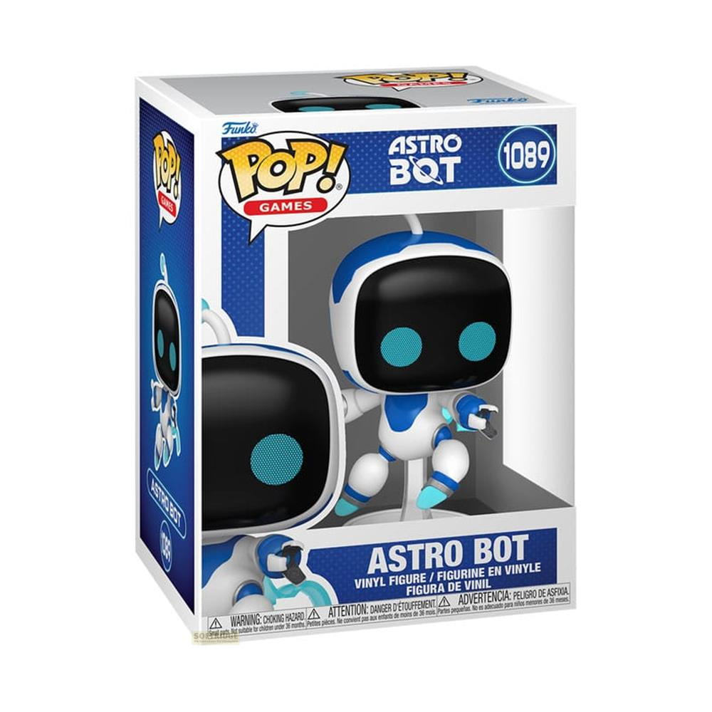Un juguete Funko Pop! de Astro Bot blanco y azul en su empaque.