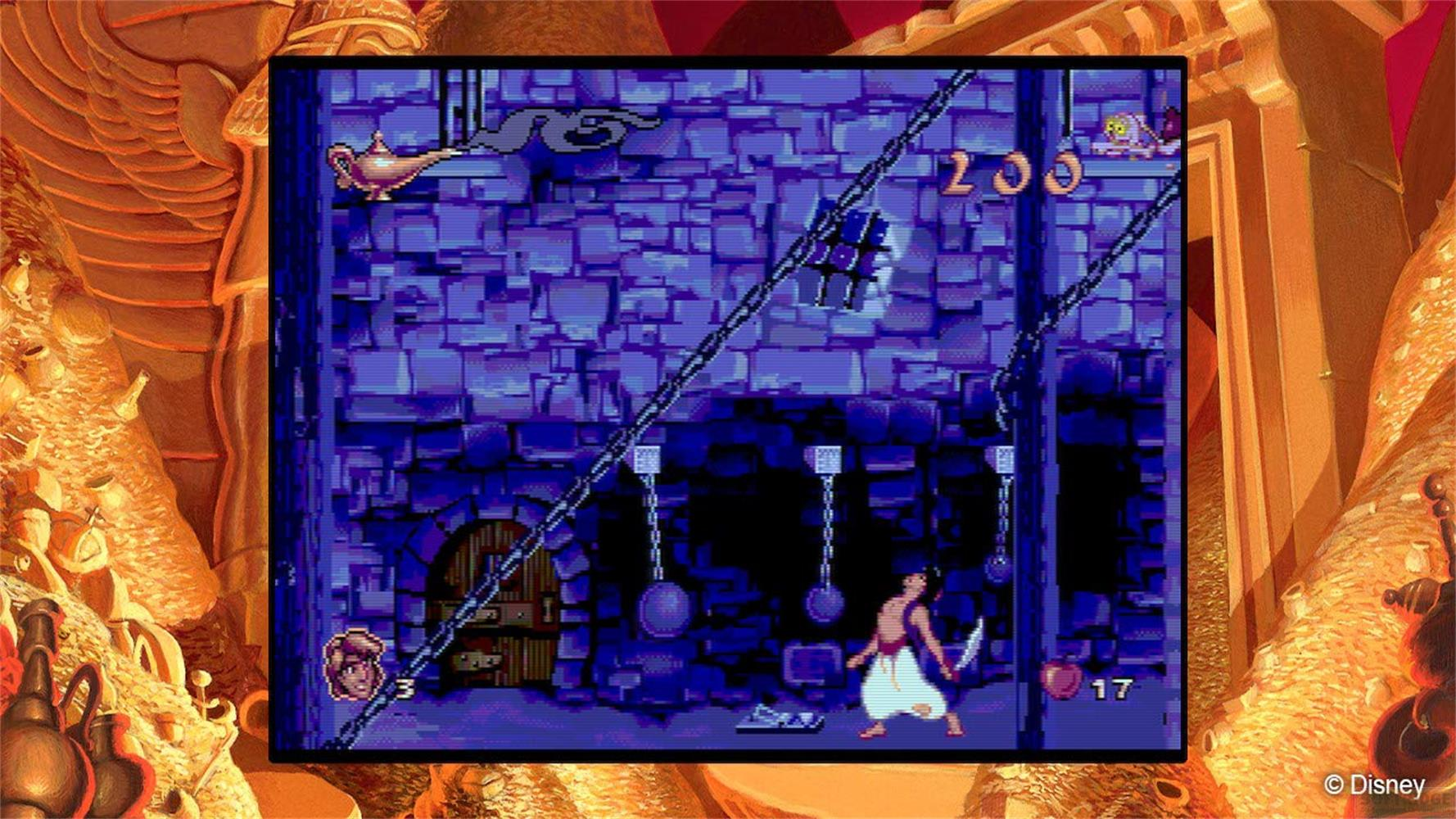 Aladdin se bat avec une épée dans un château de briques bleues. Des orbes suspendus sont présents.