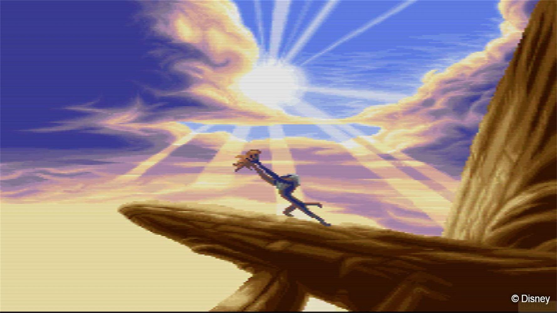 Un personnage soulève un animal vers le ciel sous le soleil.