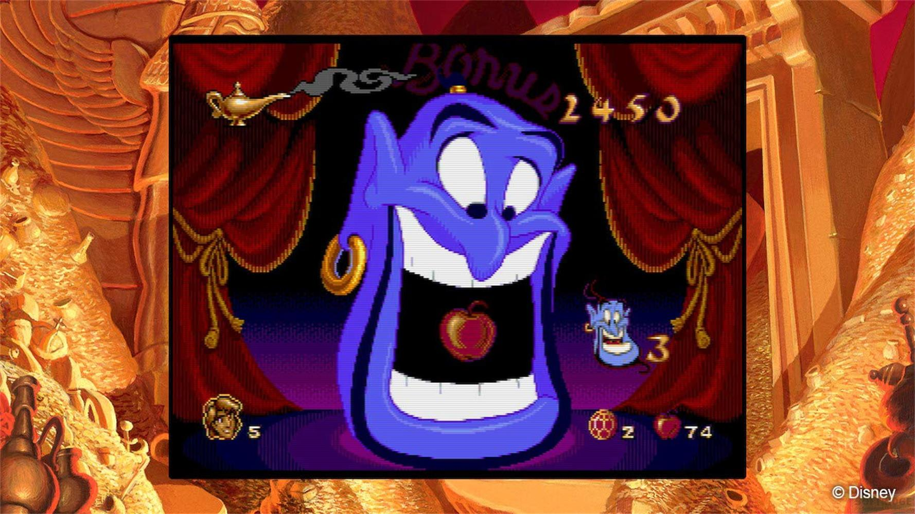 Le Génie d'Aladdin avec une pomme dans la bouche, bonus 2450 points.