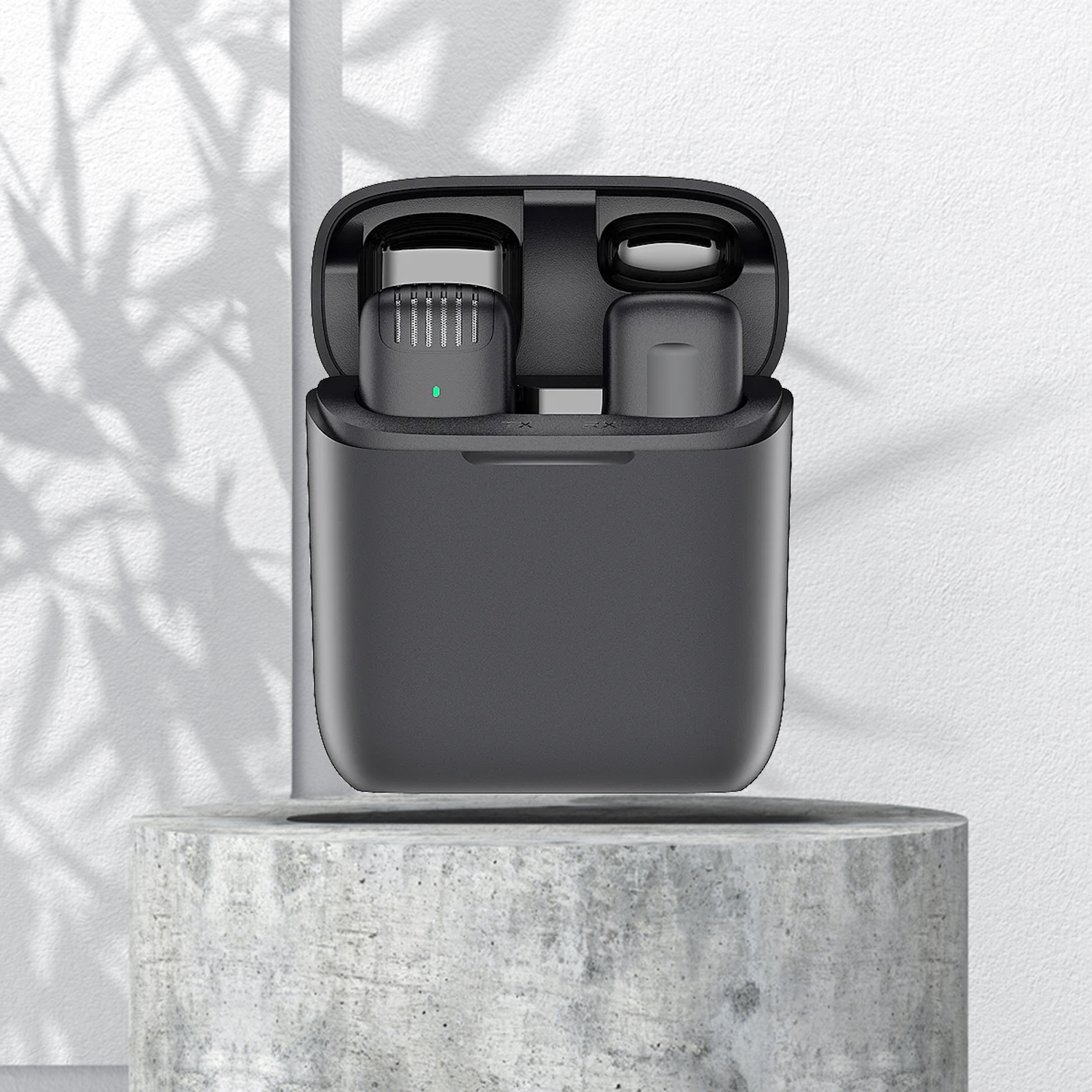 Auricolari wireless neri con custodia di ricarica su piedistallo in cemento. Ombre di foglie sul muro.