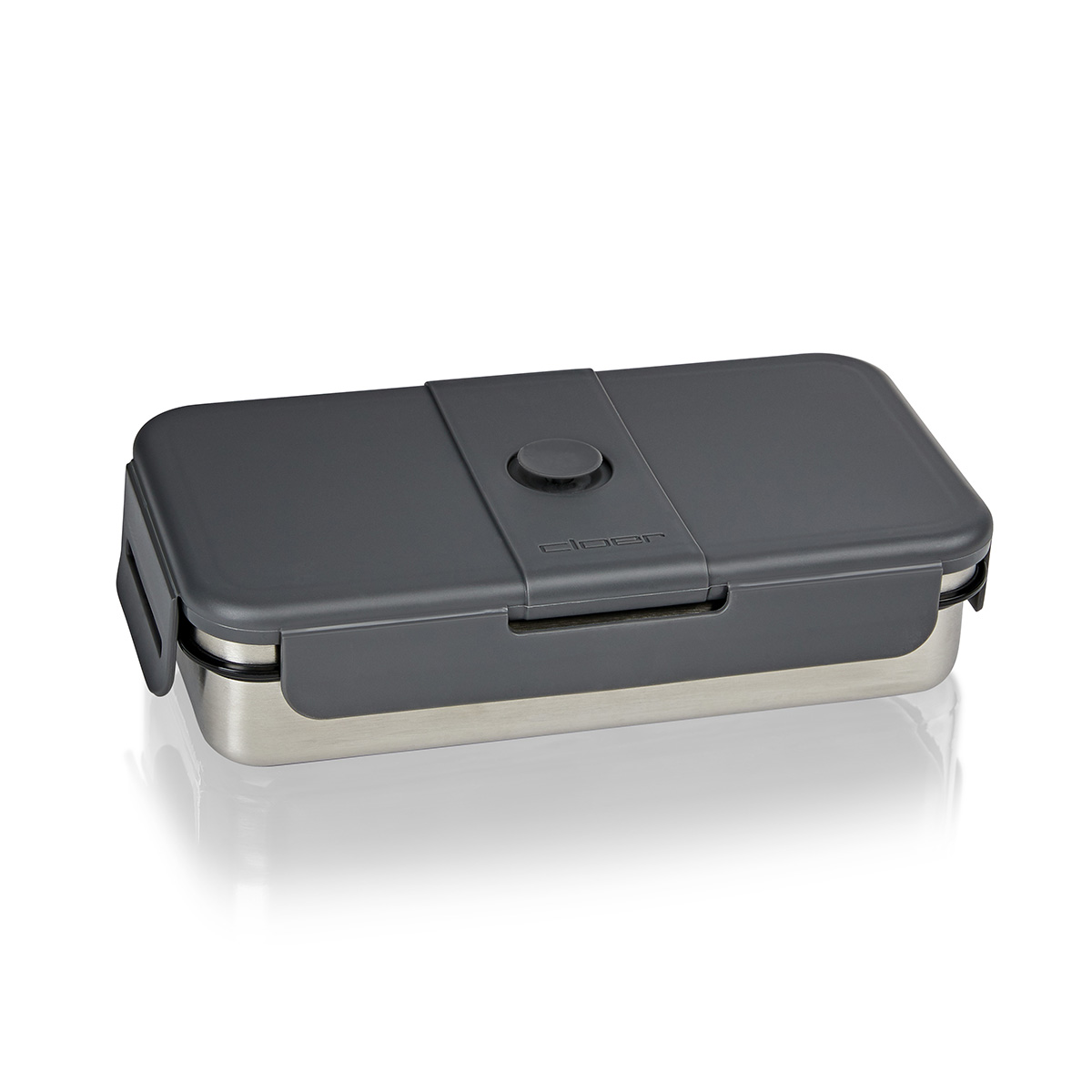 Graue Lunchbox mit Edelstahlgehäuse und Clip-Verschlüssen.