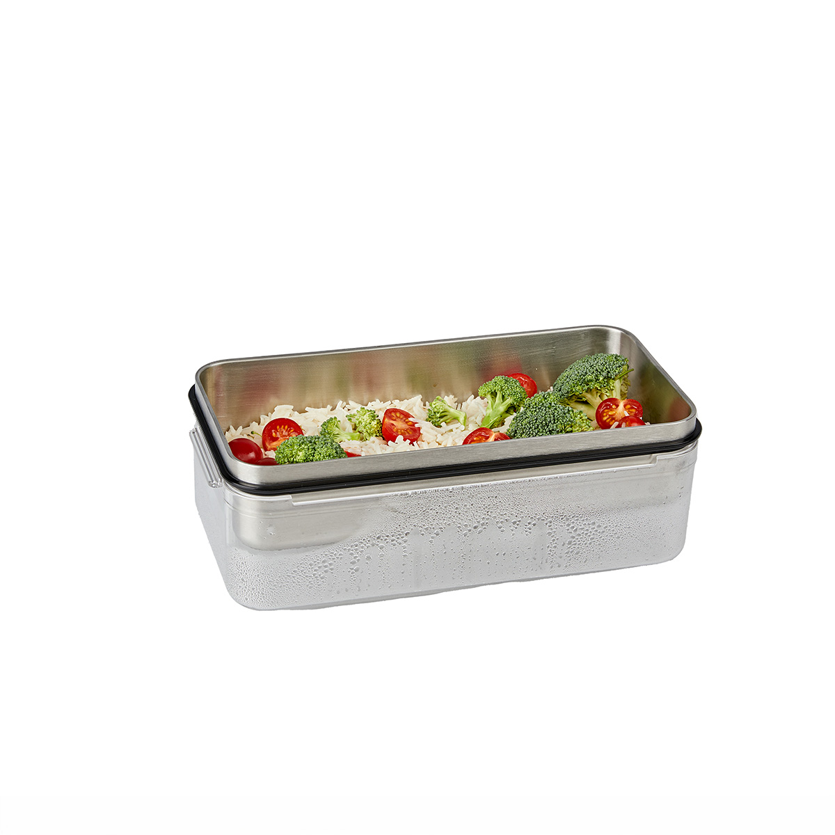 Ein rechteckiger Metallbehälter mit gedämpftem Reis, Brokkoli und Kirschtomaten.