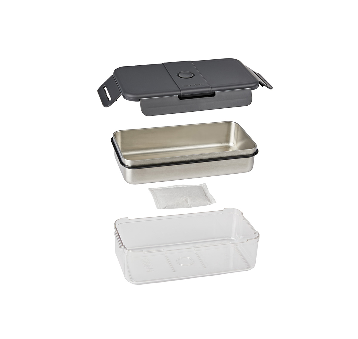 Zerlegter Lunchbox: Grauer Deckel, Edelstahleinsatz, Beutel, klarer Behälter.