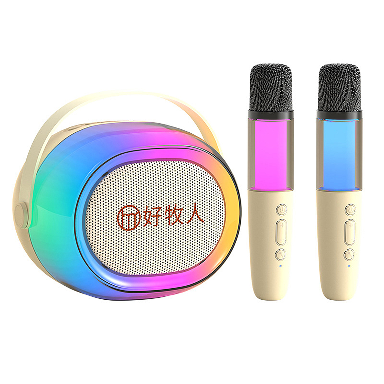 Un altoparlante colorato con due microfoni che brillano di colori neon.