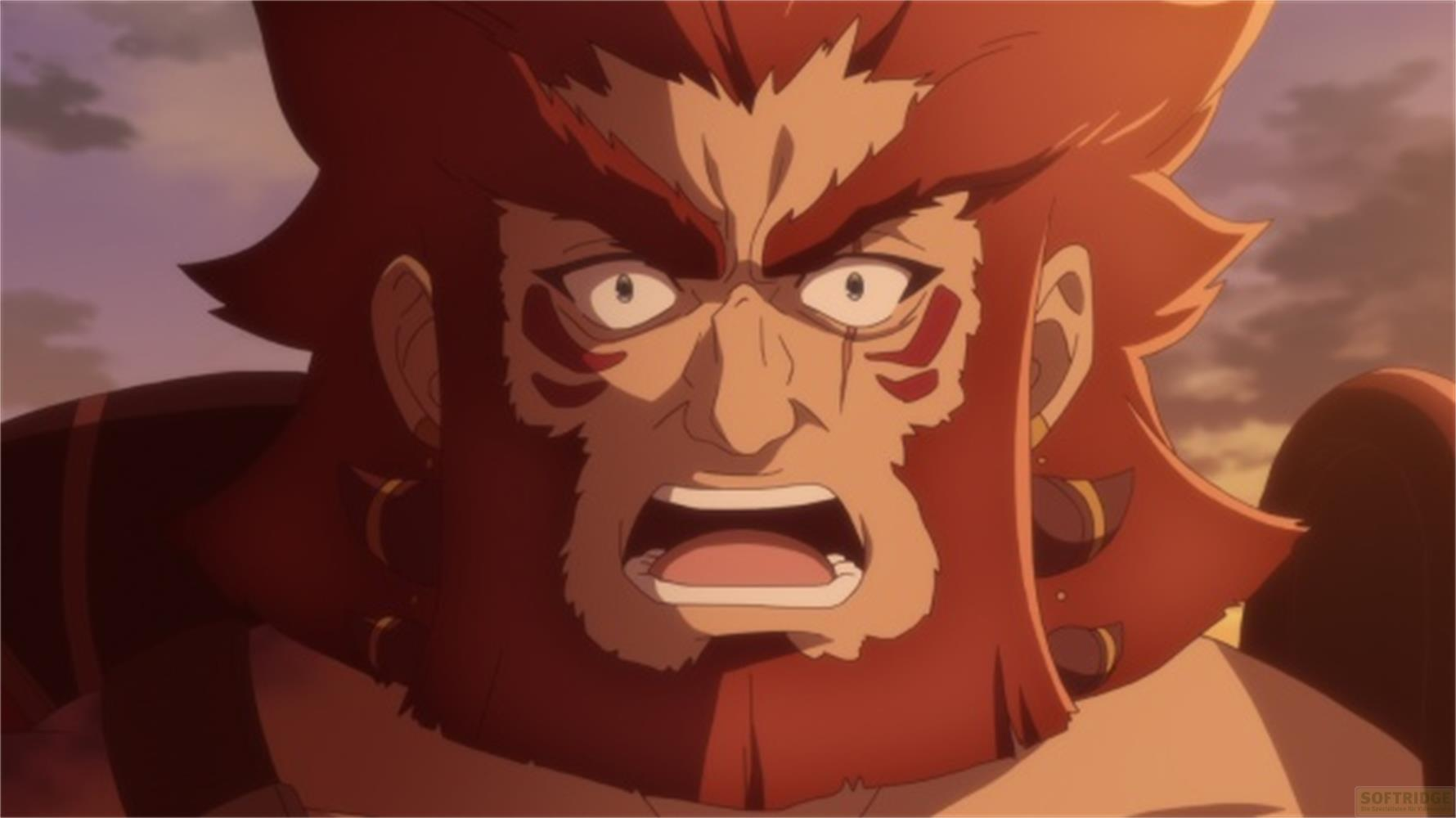 Un personaggio anime con capelli rossi e trucco sul viso urla.