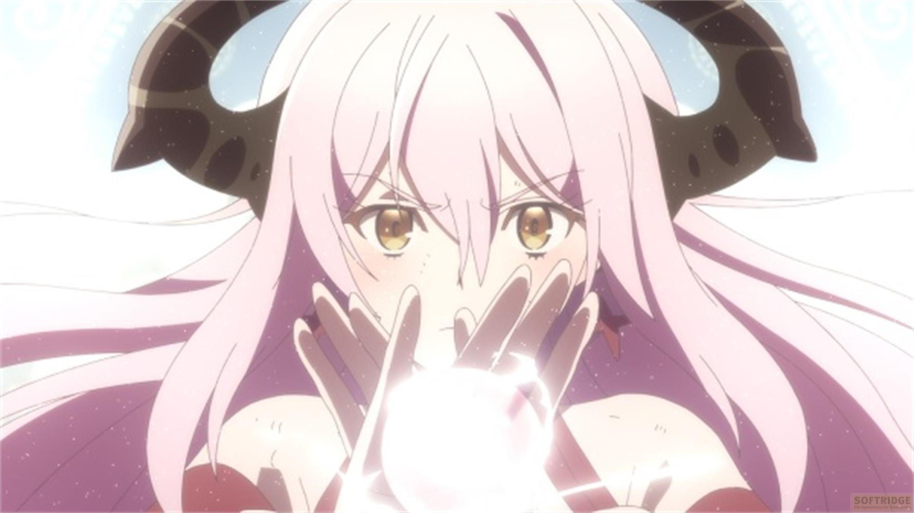 Una ragazza anime con capelli rosa e corna tiene un globo luminoso.