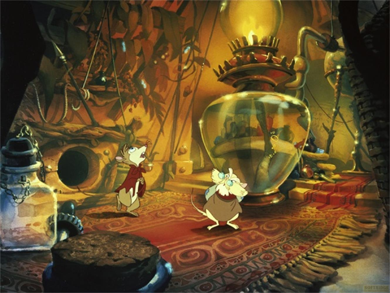 Deux souris dans un repaire douillet avec une lampe et un tapis.