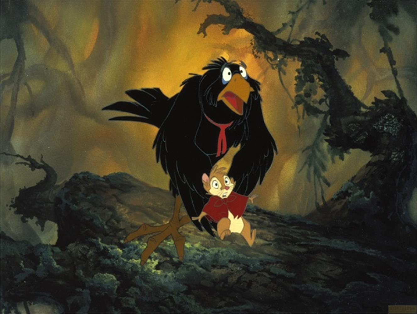 Un corbeau avec une cravate rouge tient une souris en cape rouge.